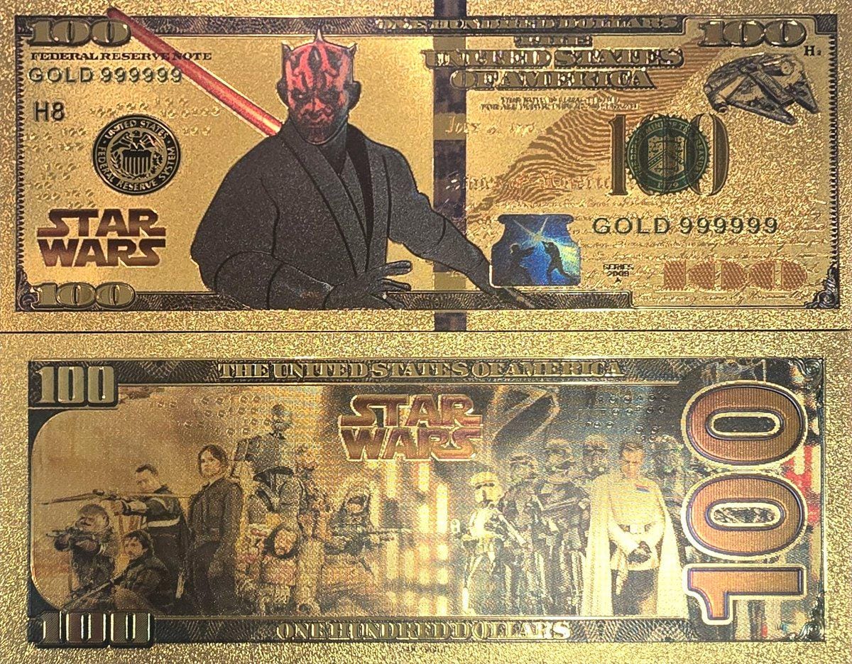 DARTH MAUL: Star Wars Galaxy .9999 GOLD Foil 100 Fantasy Note; Full color scene on back; Comes in a Collector Display holder