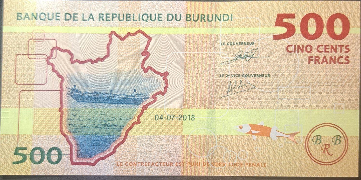 BURUNDI 500 Francs banknote, B-50b, UNCIRCULATED from 2018, features Burundi Map and a Crocodile