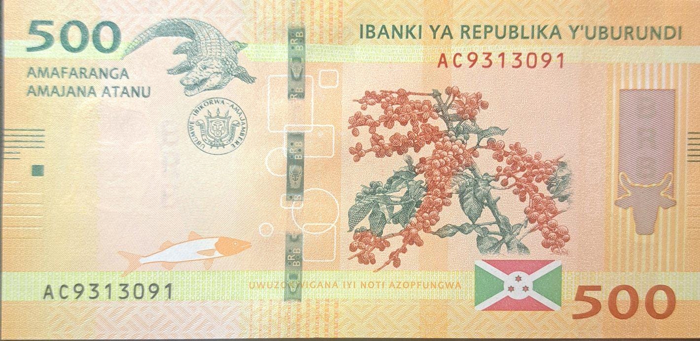 BURUNDI 500 Francs banknote, B-50b, UNCIRCULATED from 2018, features Burundi Map and a Crocodile