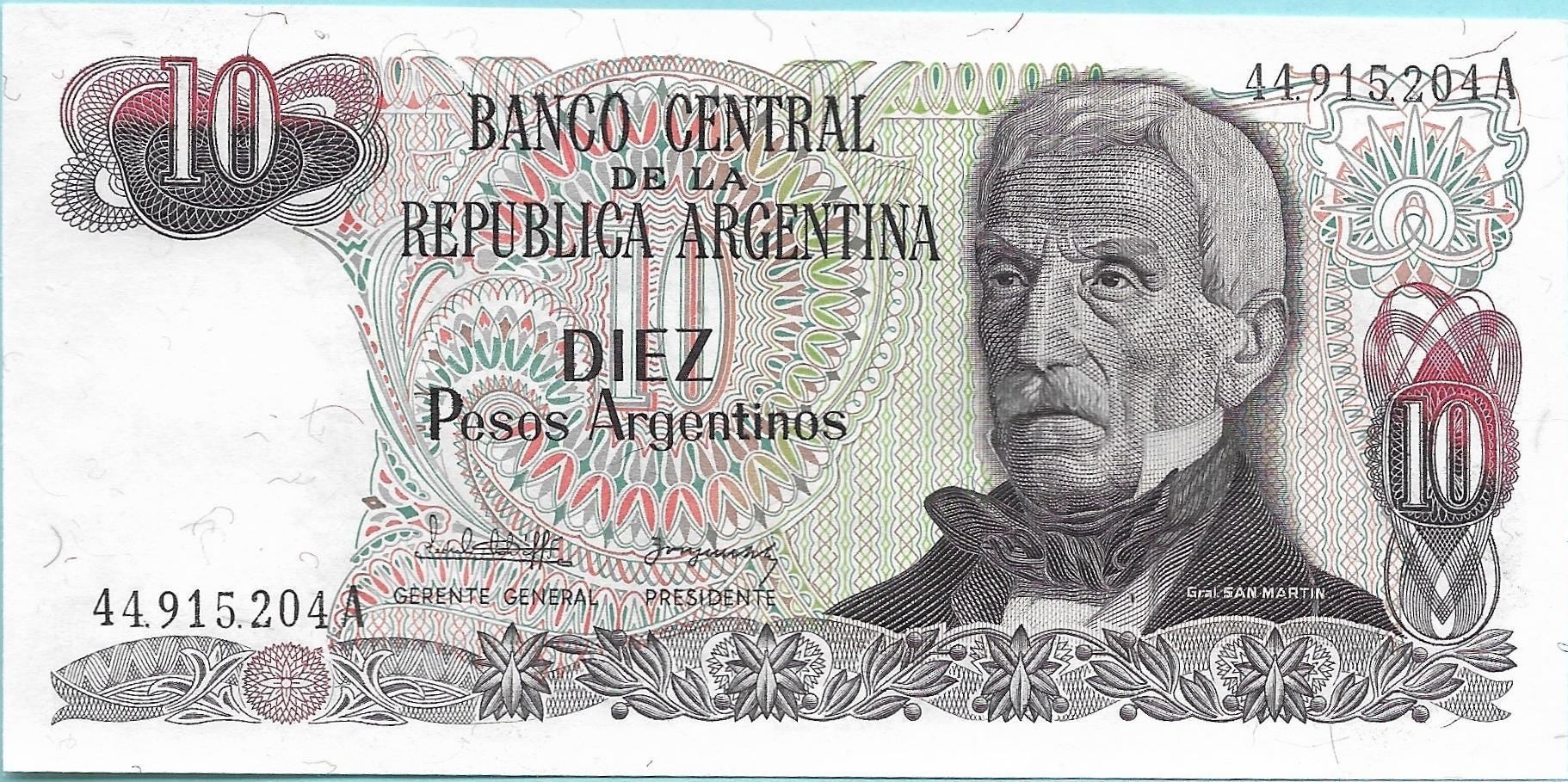 Argentina 10 Pesos Argentinos, P-313 SIGNATURE VARIETY 2; UNCIRCULATED, 1983-84; features a Lake Scene