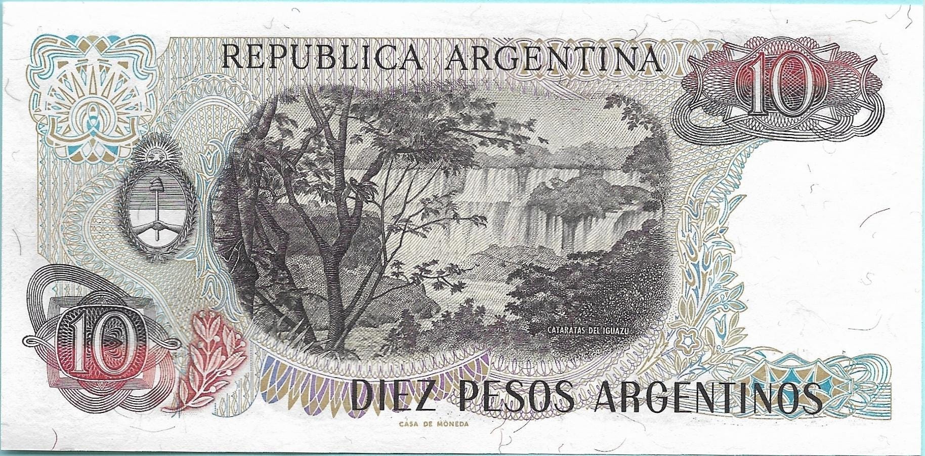Argentina 10 Pesos Argentinos, P-313 SIGNATURE VARIETY 2; UNCIRCULATED, 1983-84; features a Lake Scene