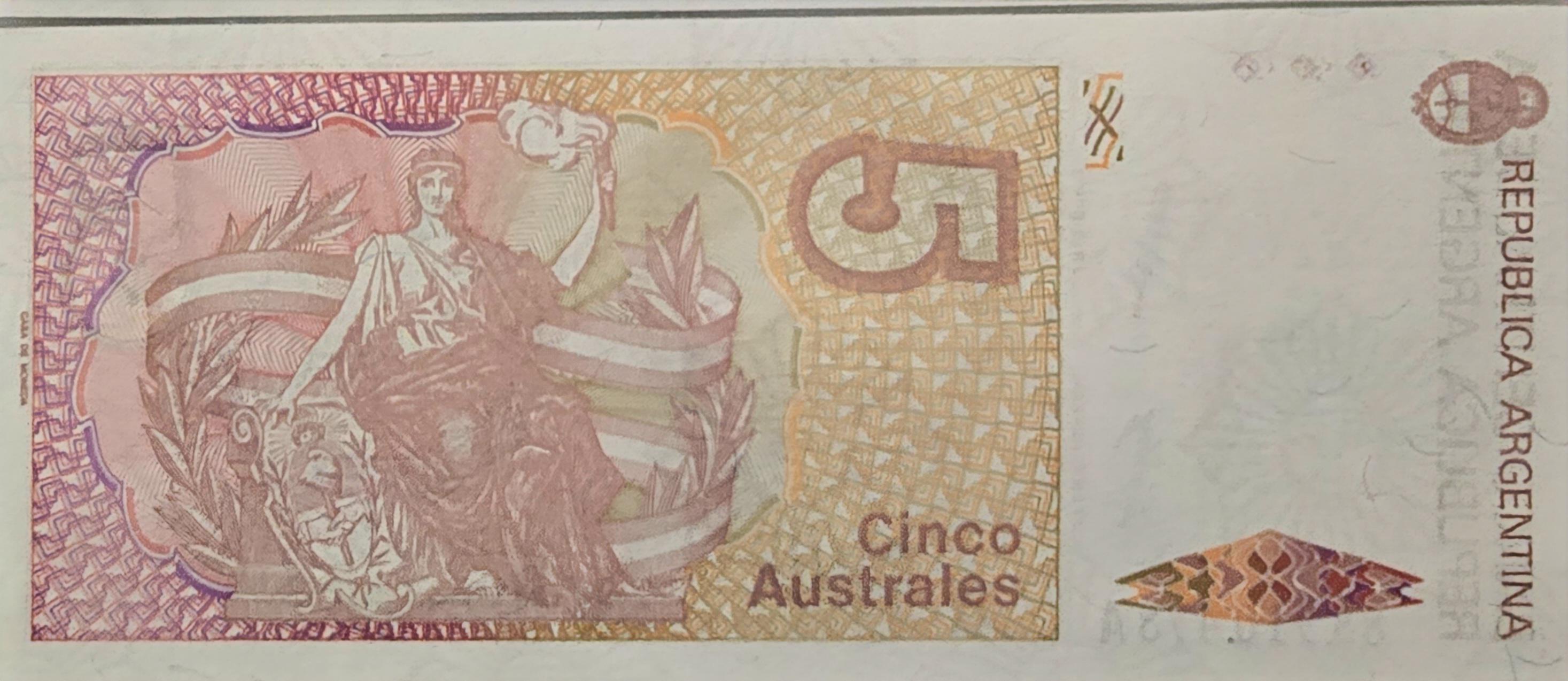 Argentina 5 Australes, P-324b, UNCIRCULATED, 1985; features J.J. de Urquiza
