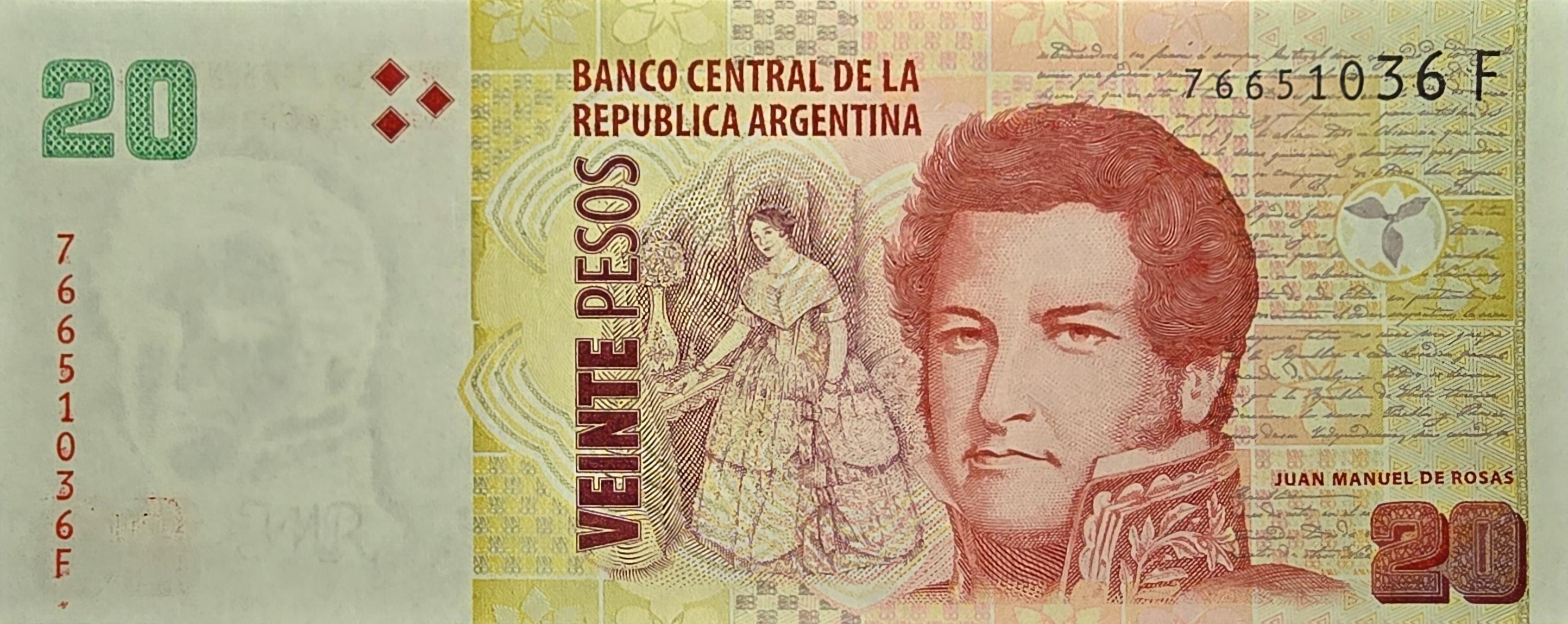 Argentina 20 Pesos, B-408g, Series F or G, UNCIRCULATED, 2016, features ships on Parana River