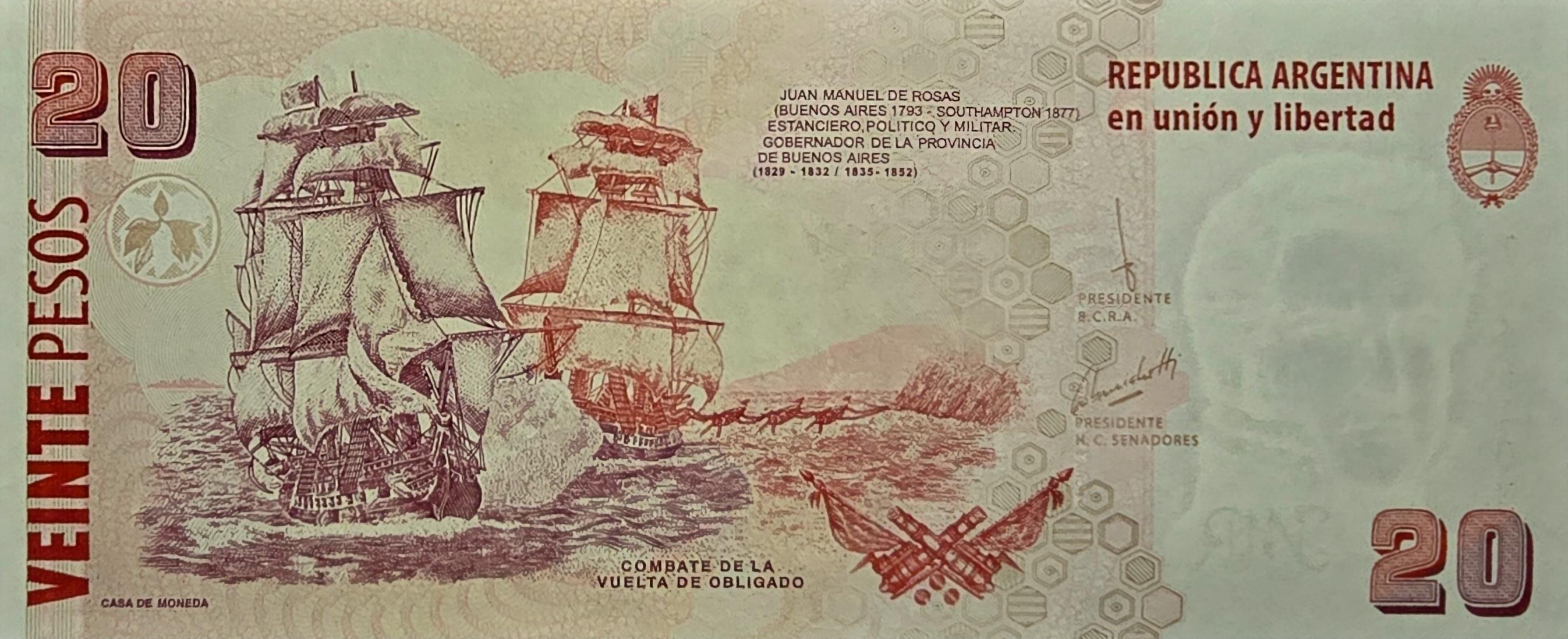 Argentina 20 Pesos, B-408g, Series F or G, UNCIRCULATED, 2016, features ships on Parana River