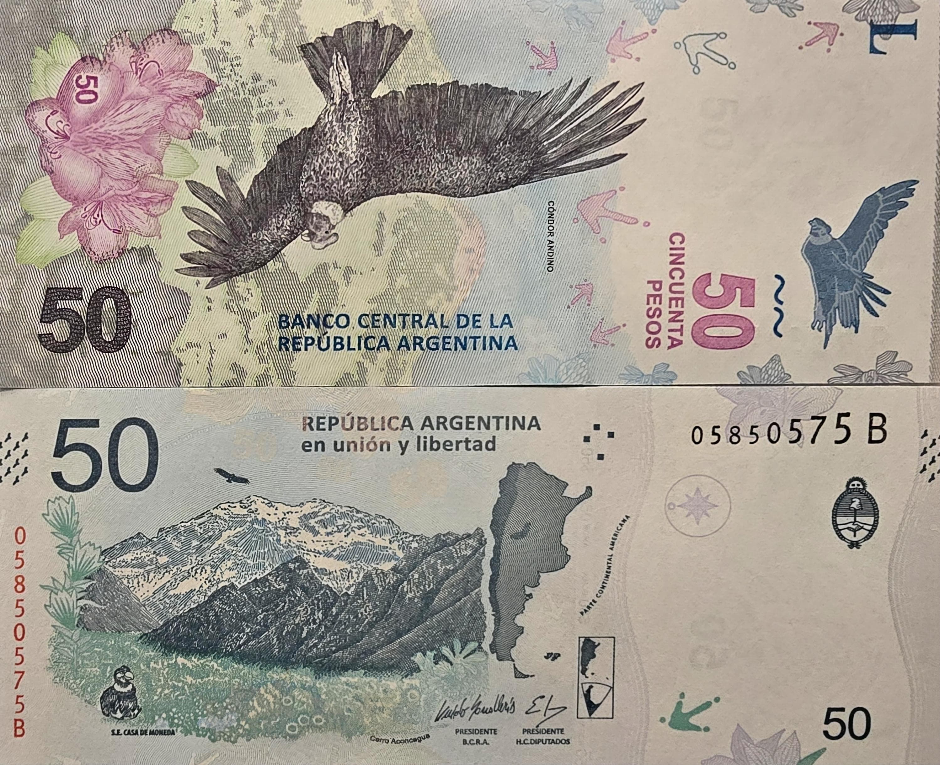 Argentina 50 Pesos, P-363, UNCIRCULATED, 2018; features a Condor