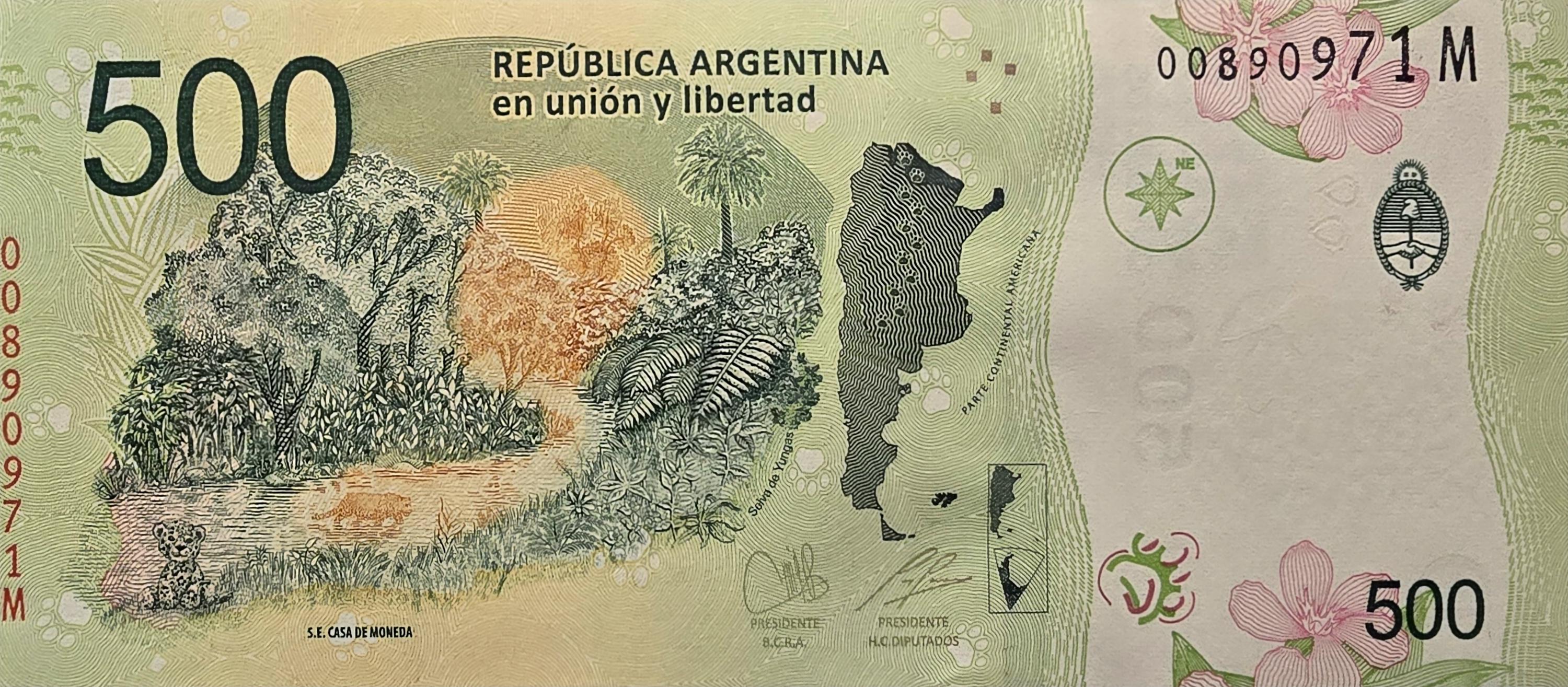 Argentina 500 Pesos, B-421c, UNCIRCULATED, 2020; features a Jaguar Cub and Adult