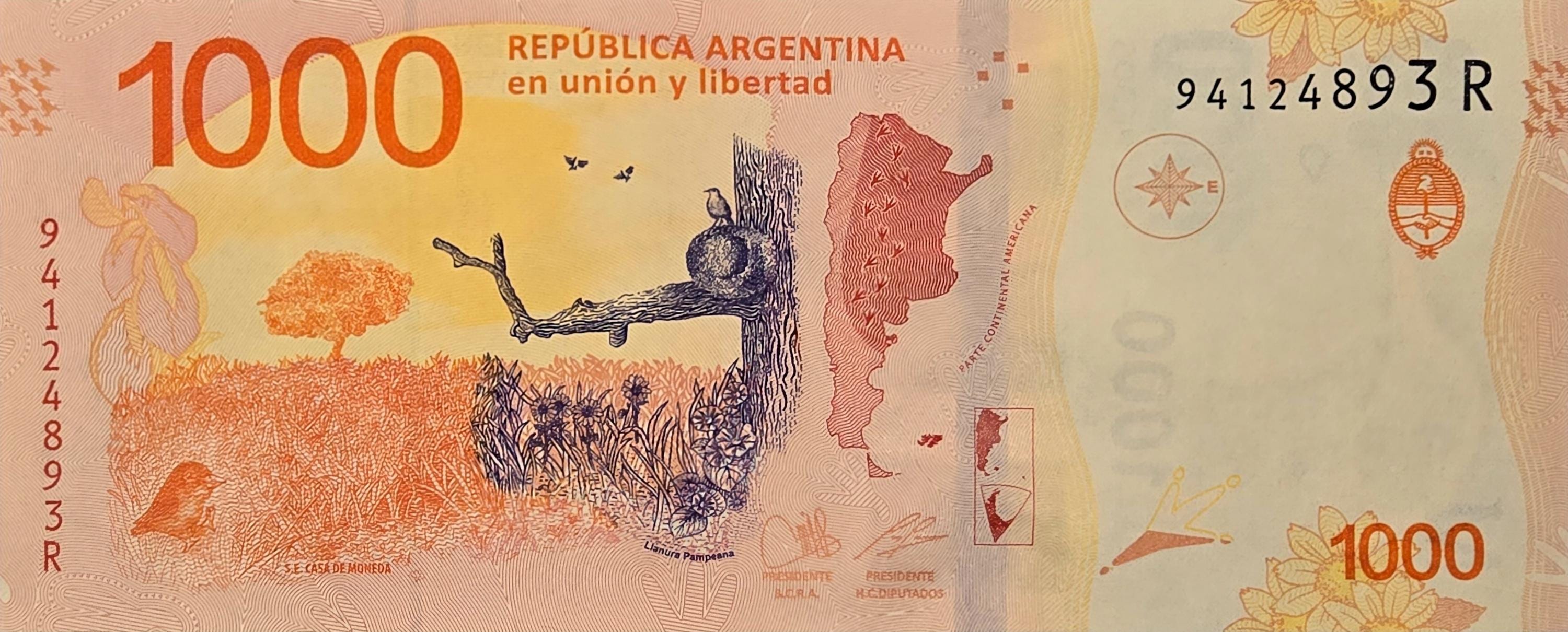 Argentina 1000 Pesos, B-422d, UNCIRCULATED, 2020; features the national bird