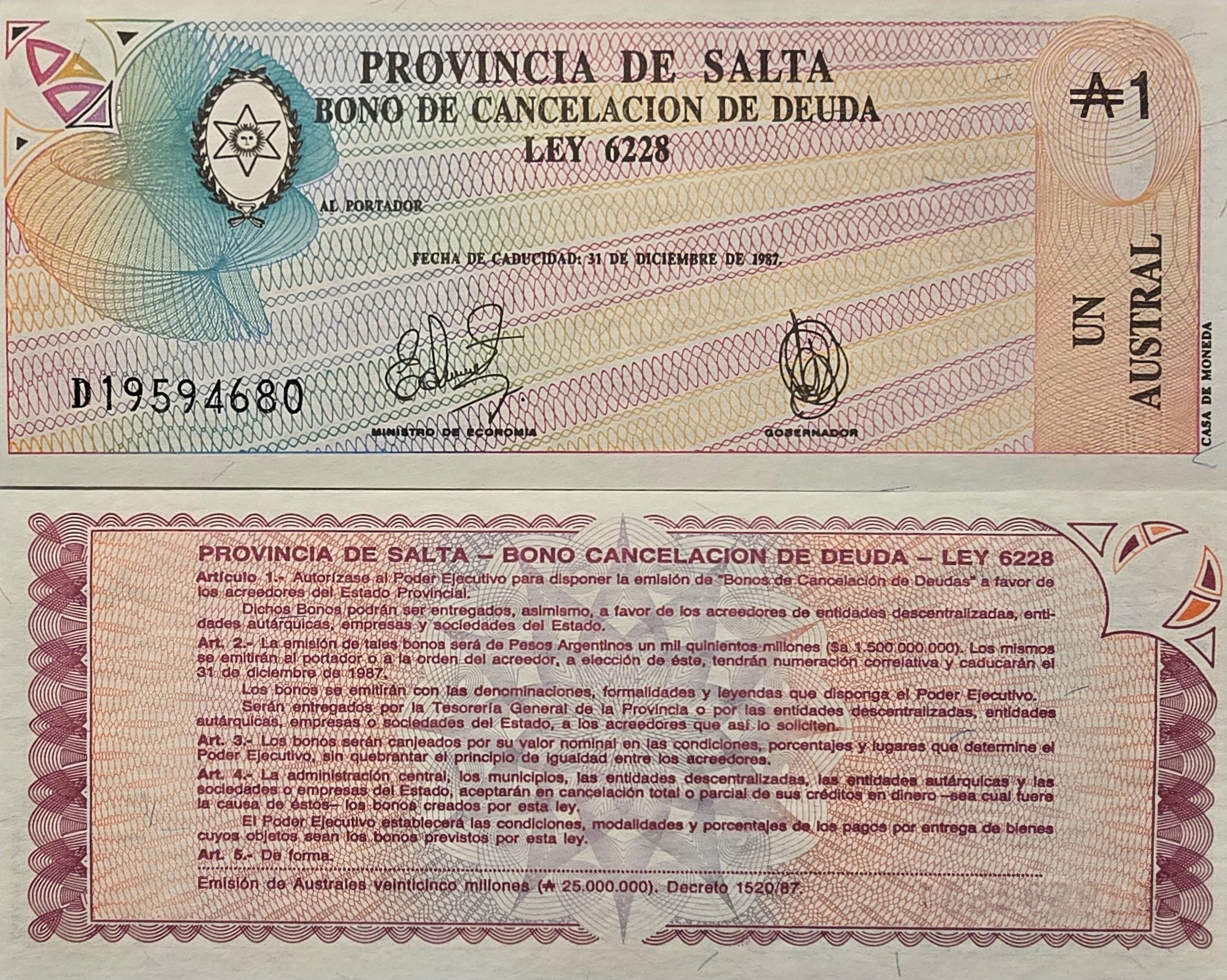 Argentina 1 Australe, PS-2612e, UNCIRCULATED, Specialized Issue from the Province of Salta