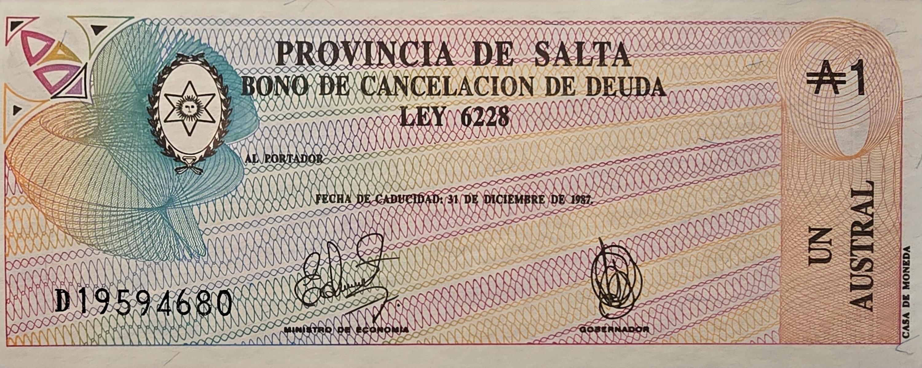 Argentina 1 Australe, PS-2612e, UNCIRCULATED, Specialized Issue from the Province of Salta