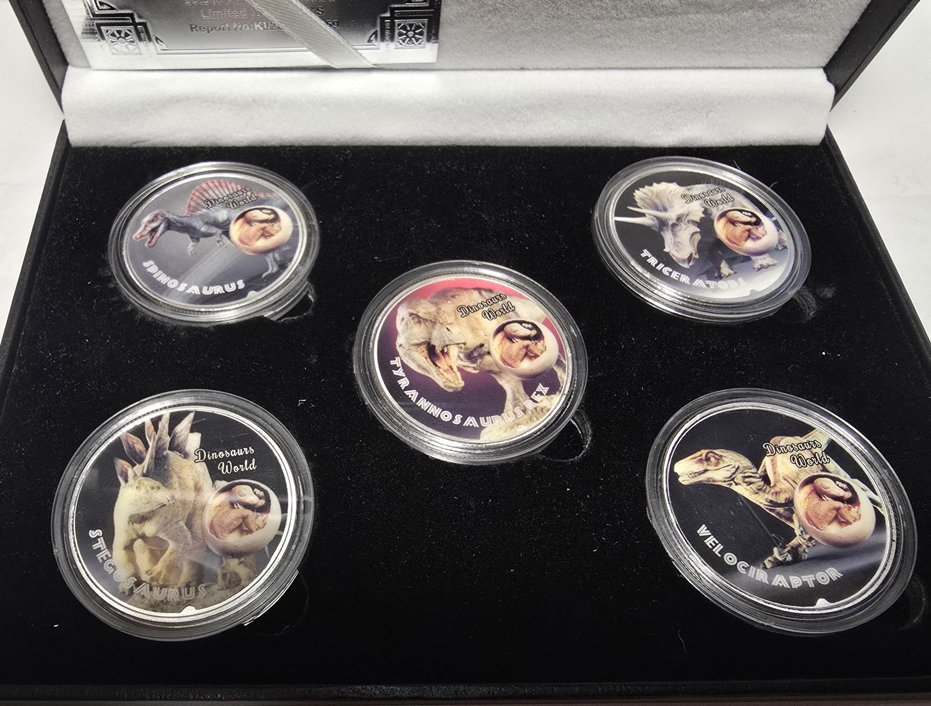DINOSAUR - Silver Plated Fantasy Coin Set, with COA, Beautiful Coins and Design in a leather bound Case. Each Coin also in a cased holder.