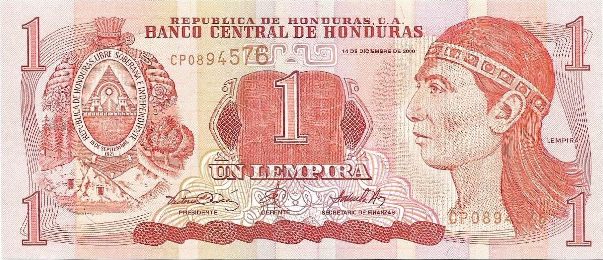 HONDURAS 1 Lempira, P84a, UNCIRCULATED, 2000; featuring the Myan Ruins of Copan