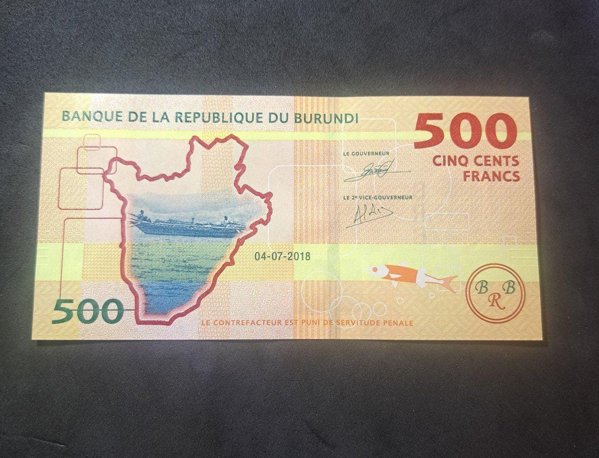 BURUNDI 500 Francs banknote, B-50b, UNCIRCULATED from 2018, features Burundi Map and a Crocodile