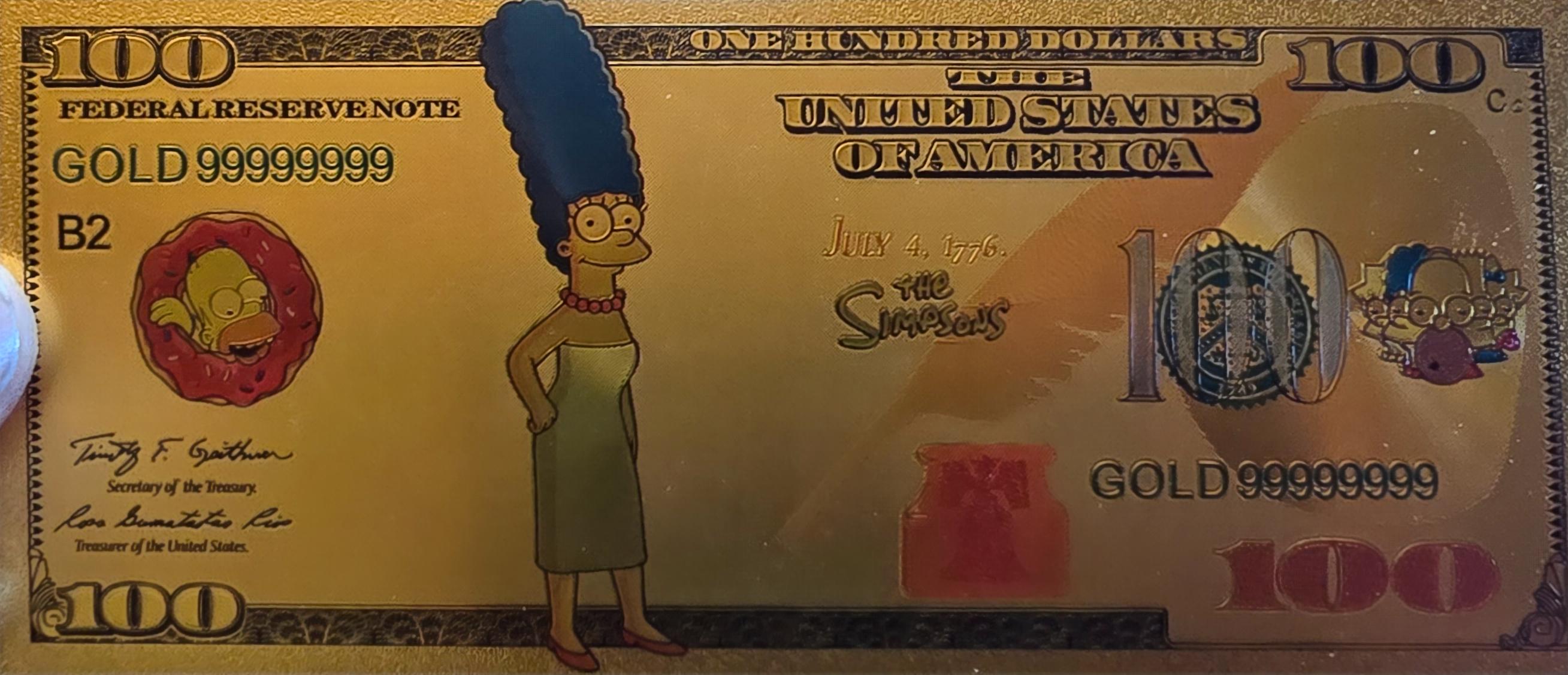 MARGE SIMPSON from The Simpsons;  .9999 GOLD FOiL 100 Note; Comes in a collector display holder