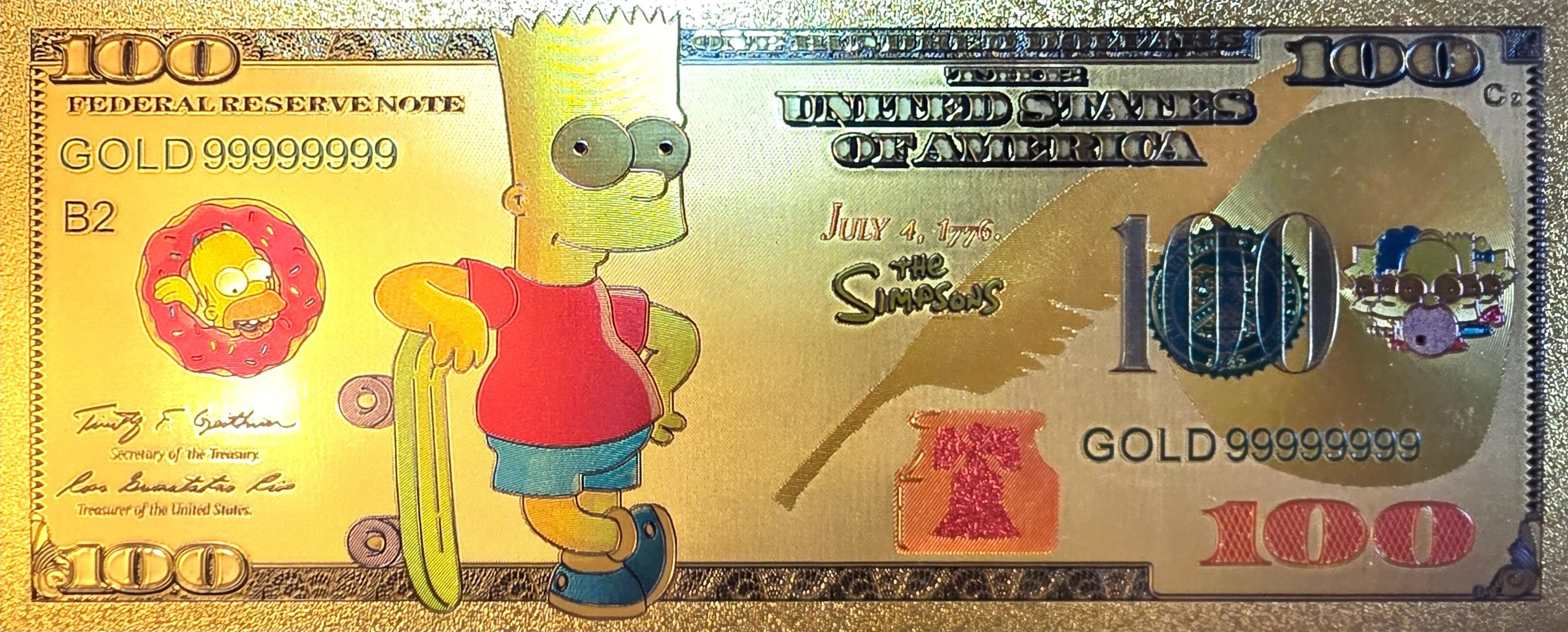 BART SIMPSON from The Simpsons;  .9999 GOLD FOiL 100 Note; Comes in a collector display holder