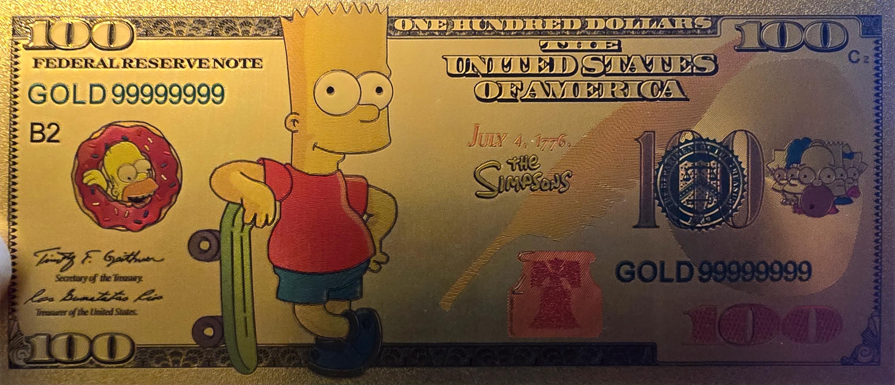 BART SIMPSON from The Simpsons;  .9999 GOLD FOiL 100 Note; Comes in a collector display holder