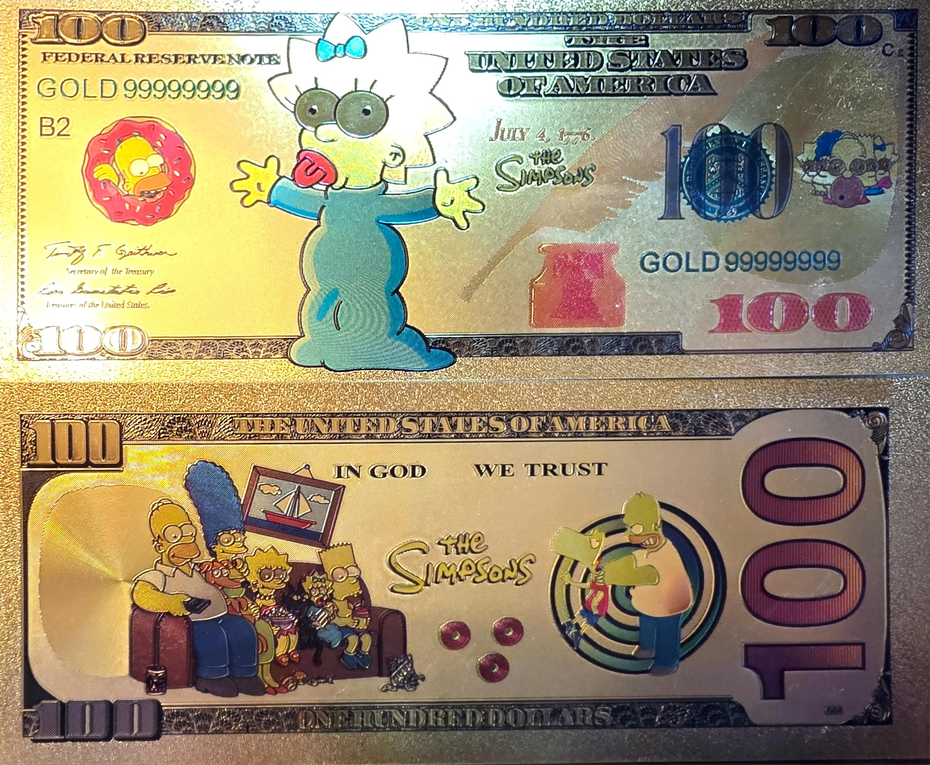 MAGGIE SIMPSON from The Simpsons;  .9999 GOLD FOiL 100 Note; Comes in a collector display holder