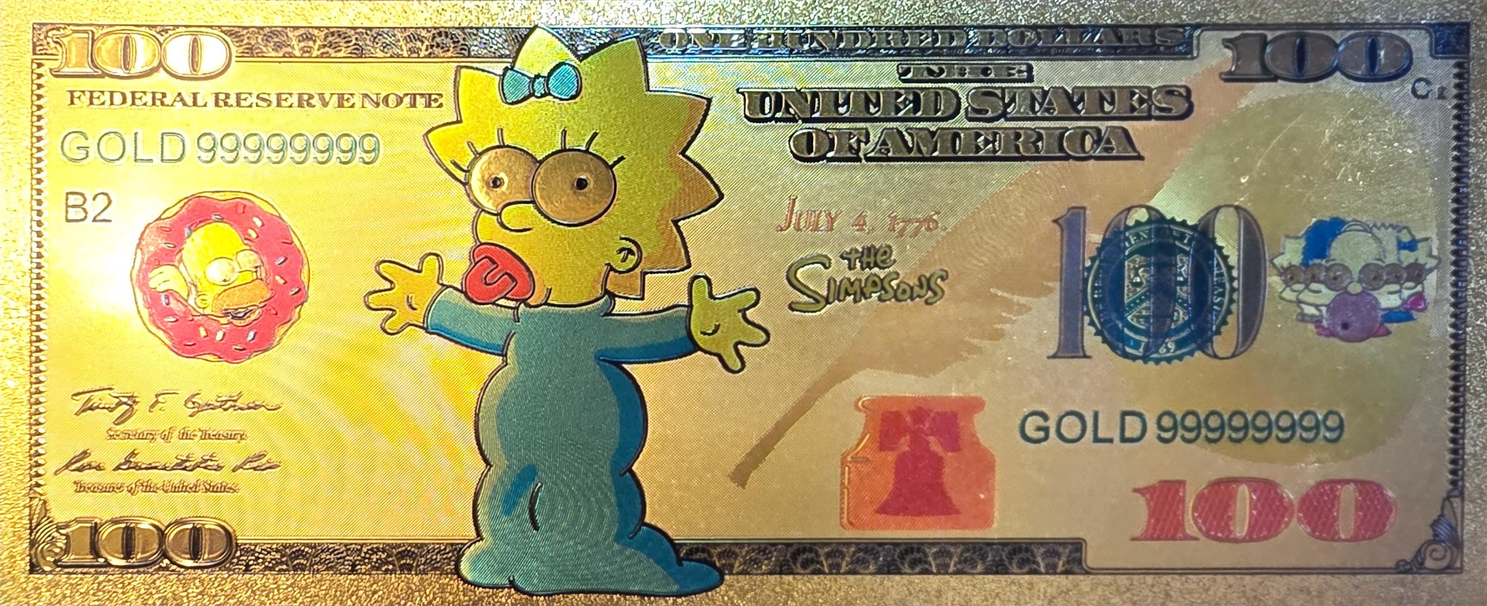 MAGGIE SIMPSON from The Simpsons;  .9999 GOLD FOiL 100 Note; Comes in a collector display holder