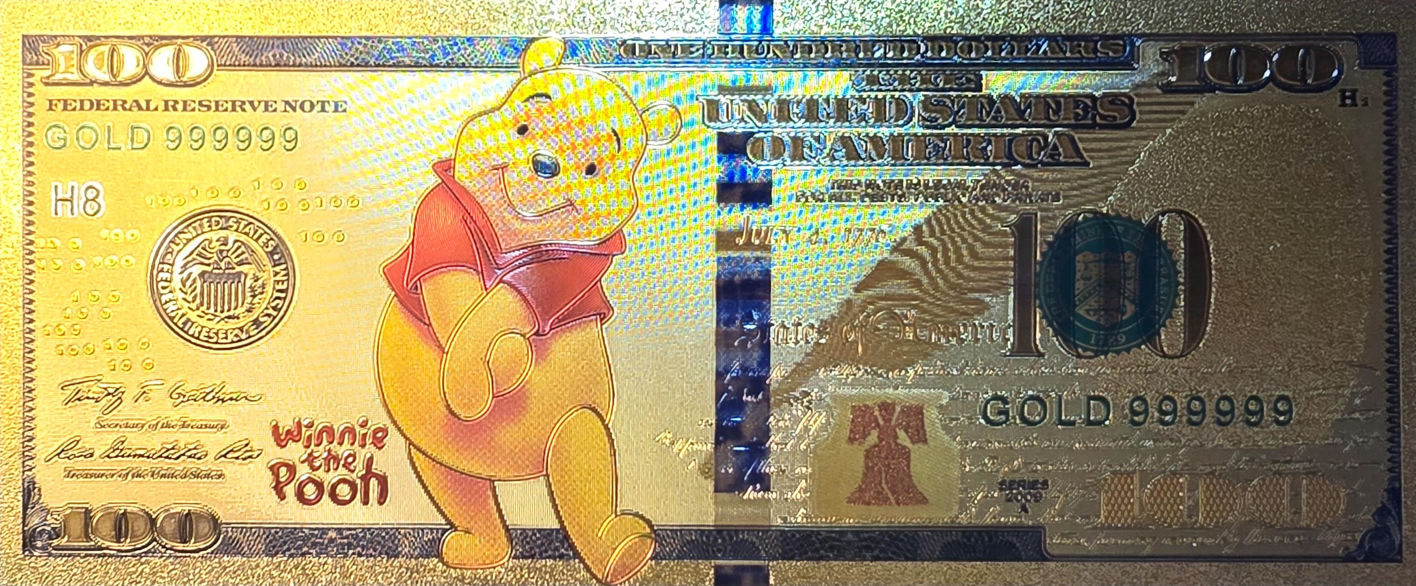 WINNIE the POOH from Winnie The Pooh;  .9999 GOLD FOil 100 Note; Comes in a collector display holder