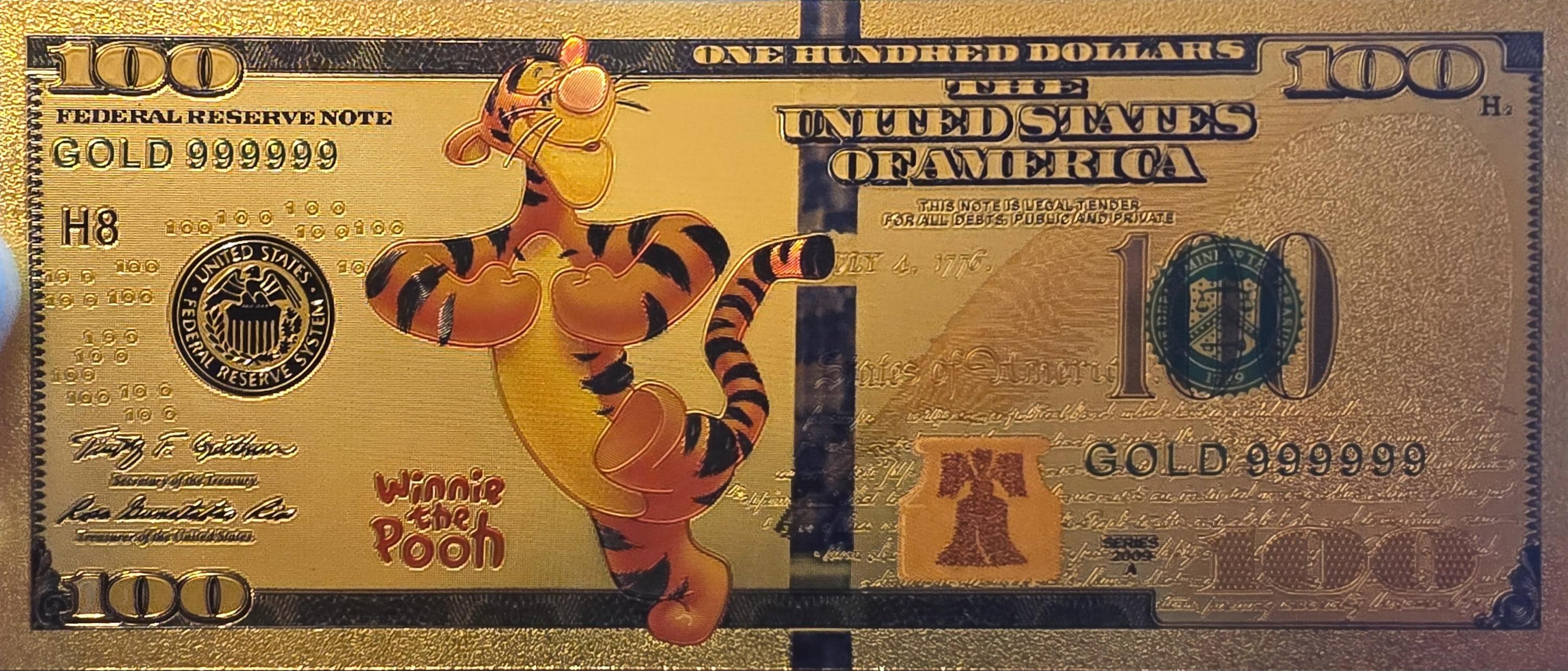 TIGGER from Winnie The Pooh;  .9999 GOLD FOil 100 Note; Comes in a collector display holder