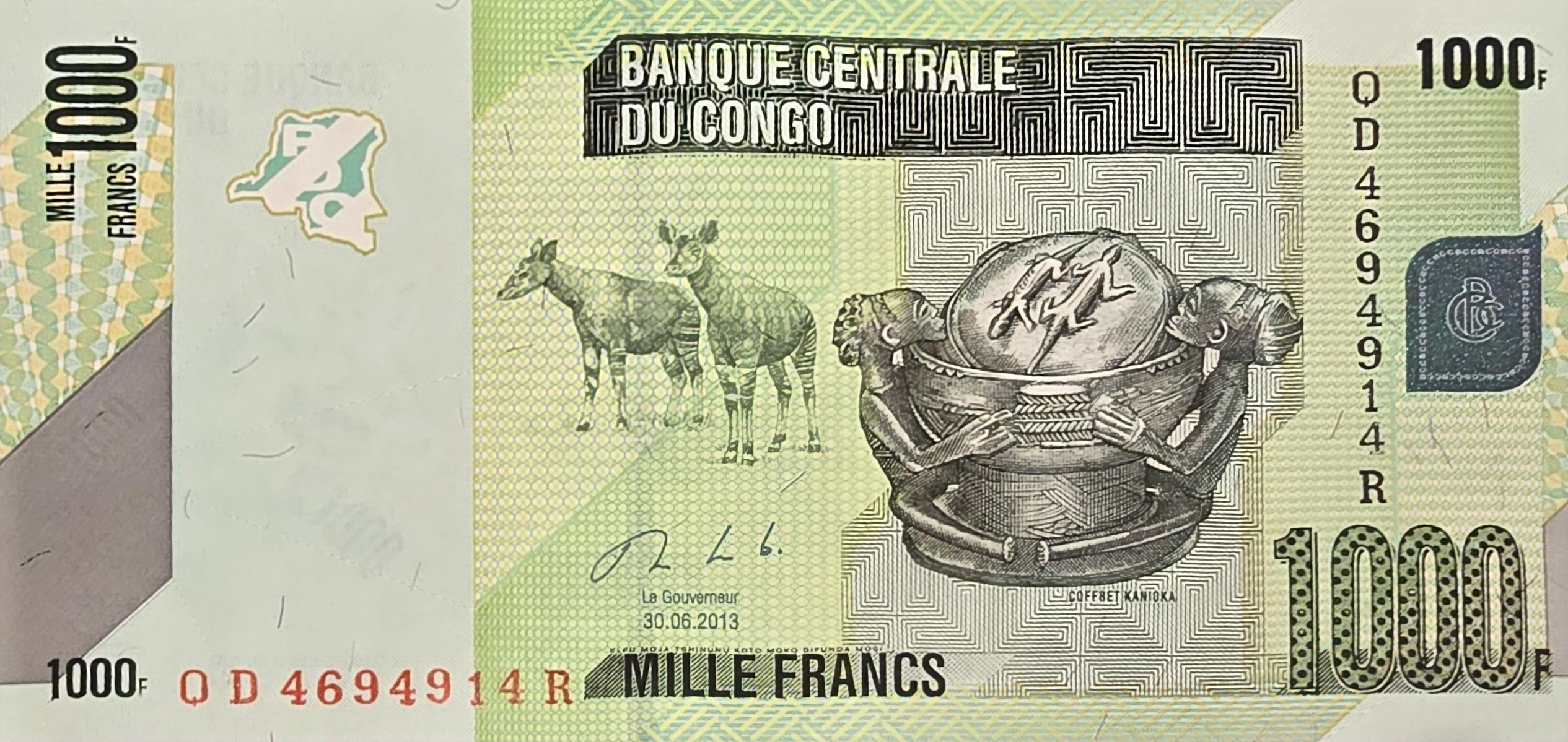 CONGO 1000 Francs, P101b, UNCIRCULATED, 2013; Features Two Okapi; Lizards and a PARROT