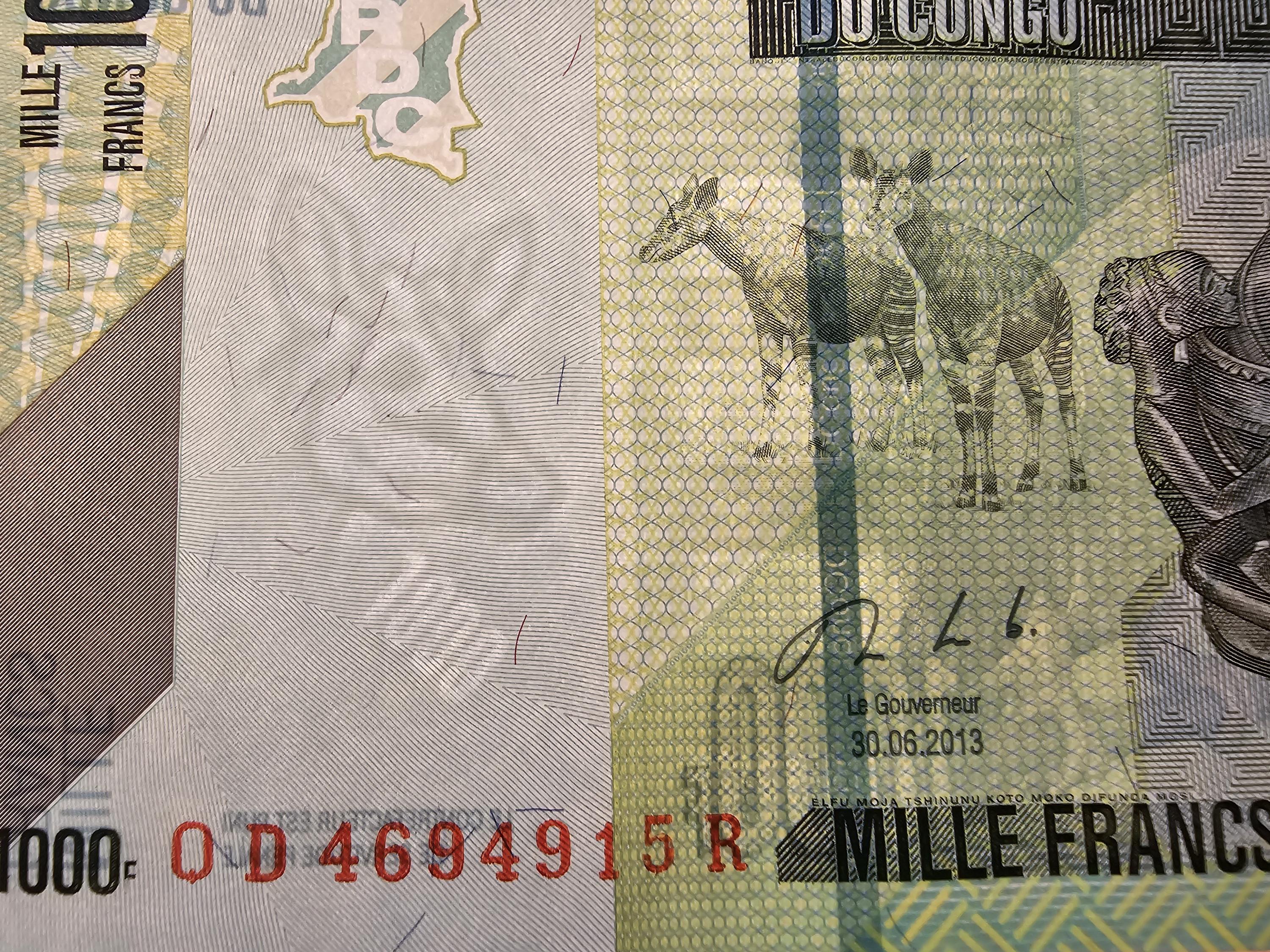 CONGO 1000 Francs, P101b, UNCIRCULATED, 2013; Features Two Okapi; Lizards and a PARROT