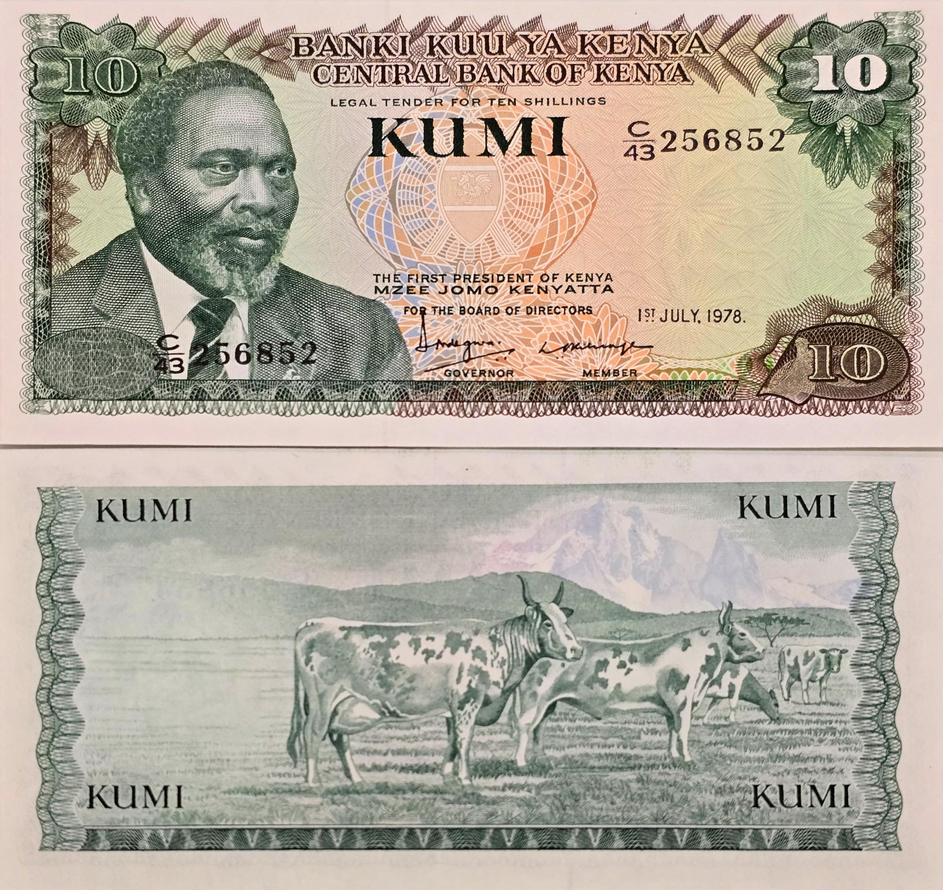 KENYA 10 Shillings, P16, UNCIRCULATED, 1978; featuring Cattle and mount Kenya