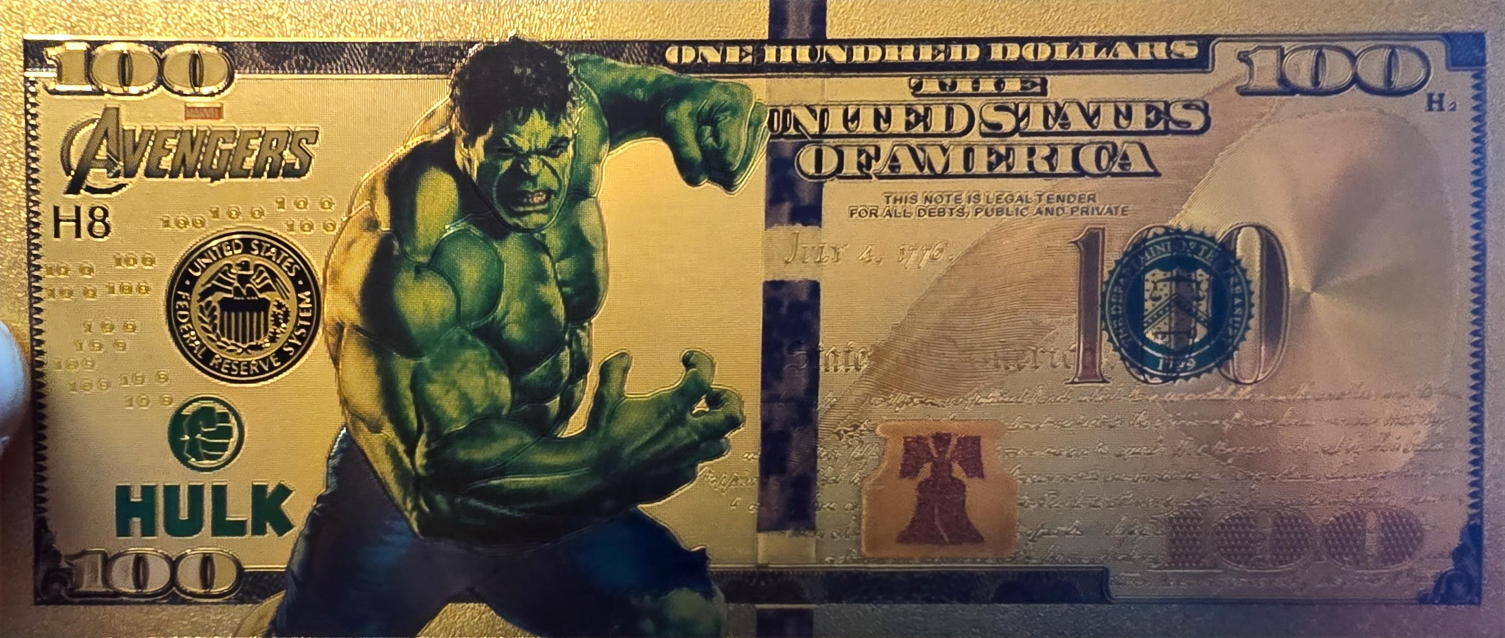 The INCREDIBLE HULK: With the Avengers, .9999 GOLD Foil Fantasy Note; Very nice design and quality; Comes in a collector display holder