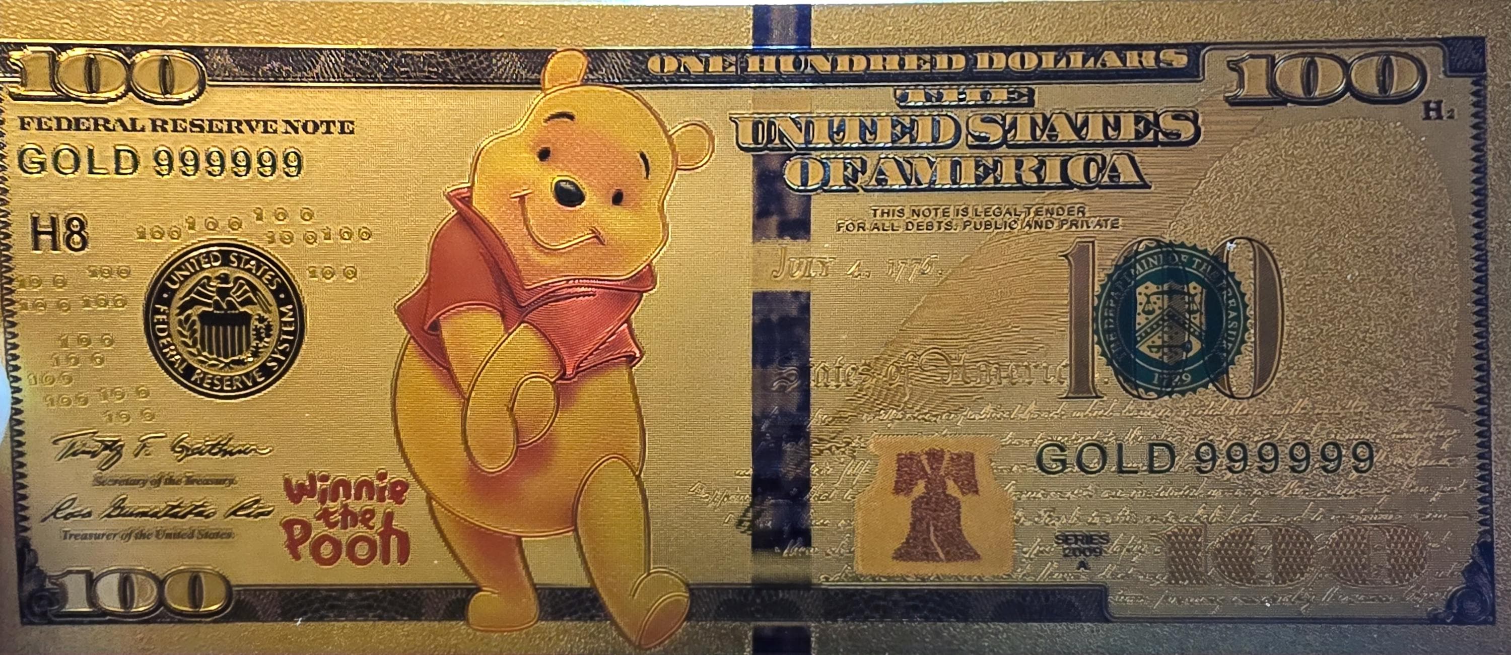 WINNIE the POOH from Winnie The Pooh;  .9999 GOLD FOil 100 Note; Comes in a collector display holder
