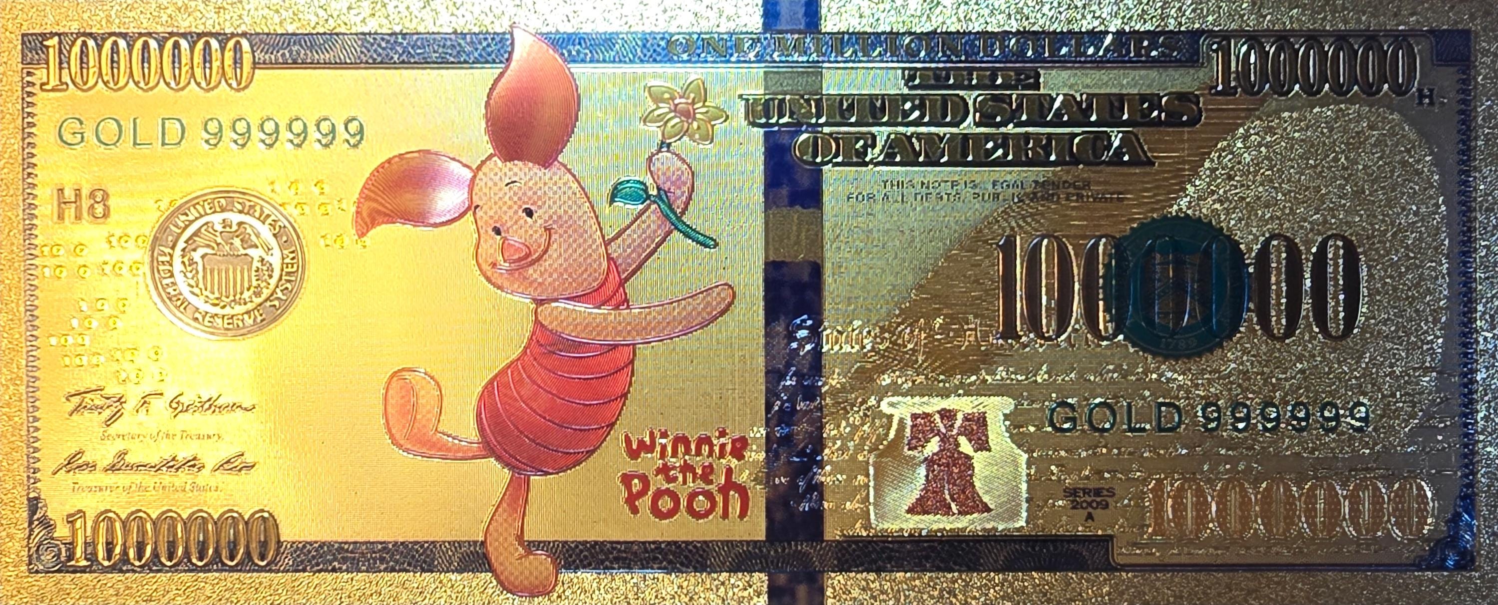 PIGLET from Winnie The Pooh;  .9999 GOLD FOiL 100 Note; Comes in a collector display holder