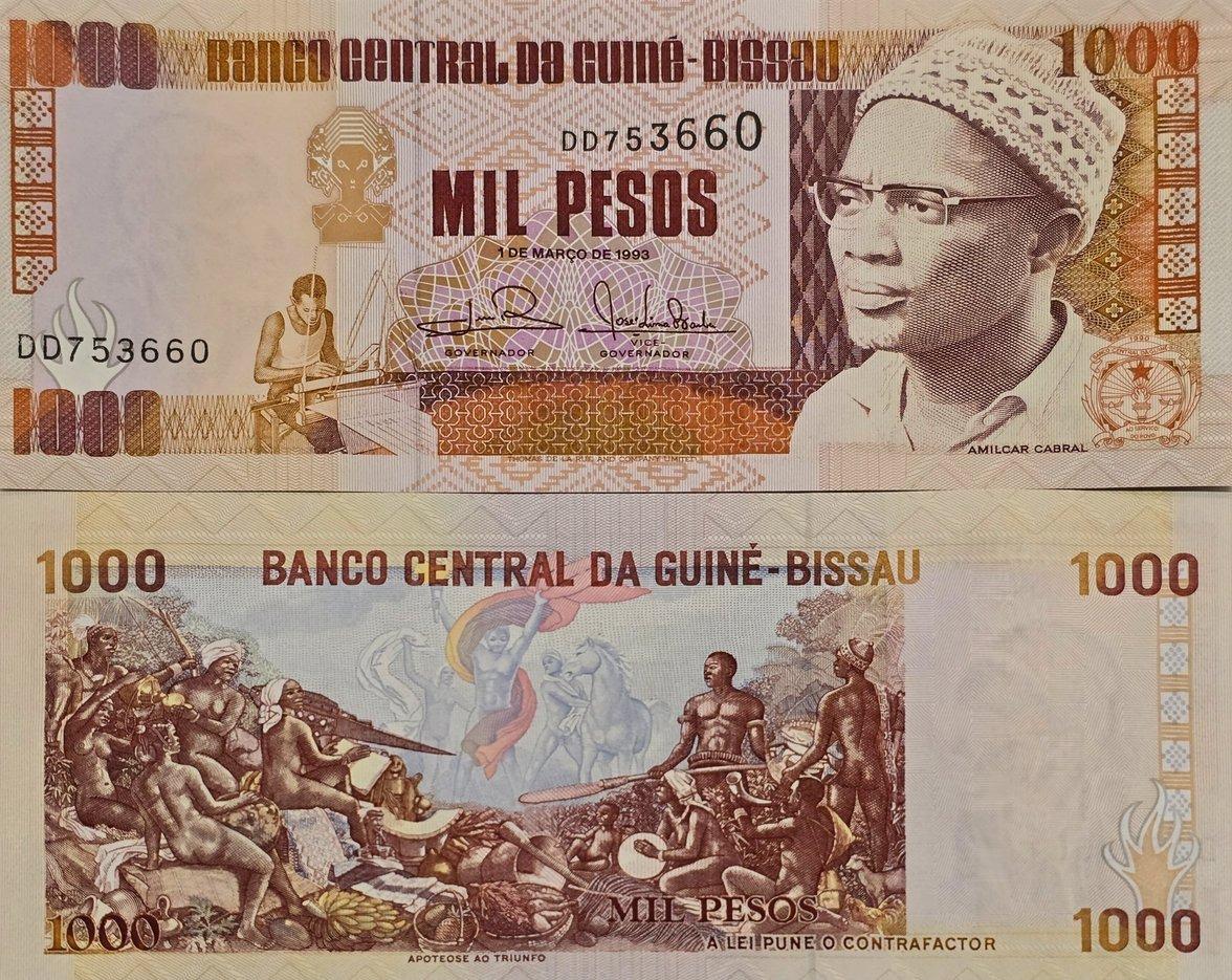 GUINEA-BISSAU 1000 Pesos Banknote, P-13b, Uncirculated from 1993; Nudity