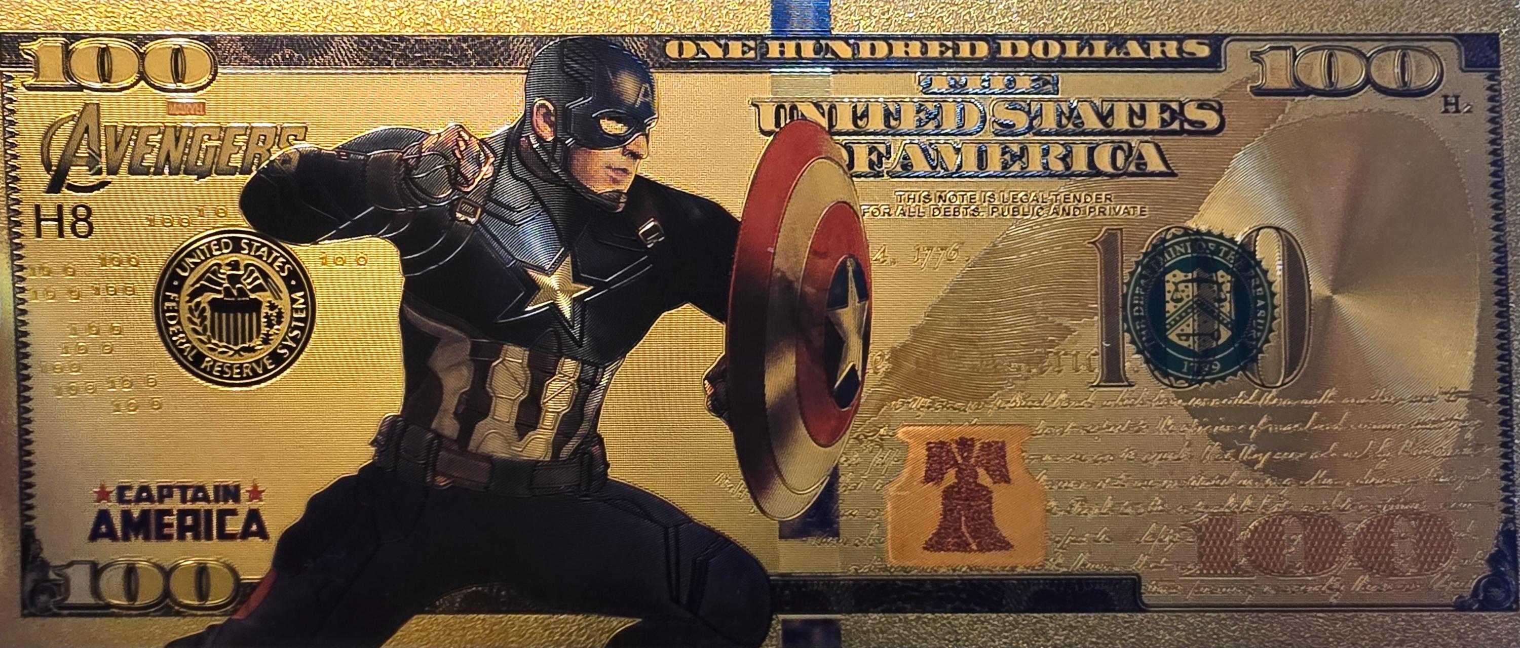 CAPTAIN AMERICA: With the Avengers, .9999 GOLD Foil Fantasy Note; Comes in a collector display holder