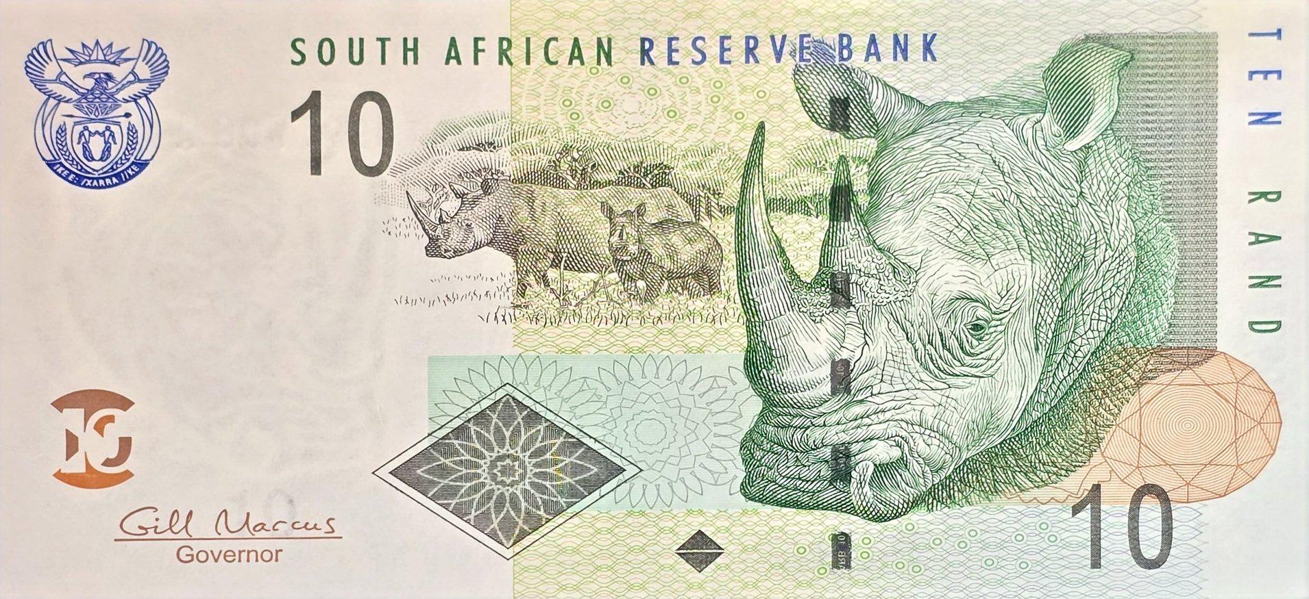 South Africa 10 Rand Banknote, P-128b, UNCIRCULATED, 2009; features a Large White Rhinoceros Head