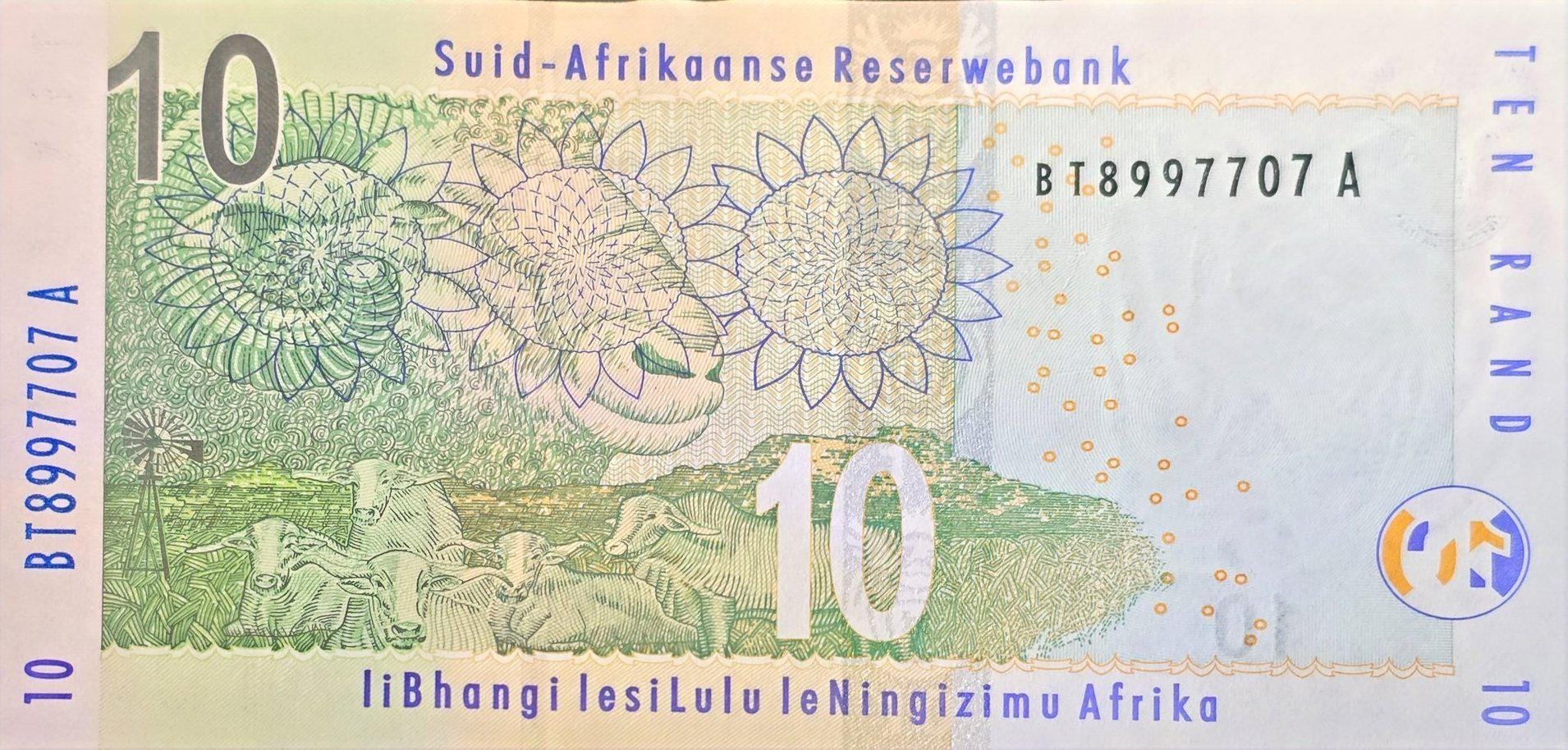 South Africa 10 Rand Banknote, P-128b, UNCIRCULATED, 2009; features a Large White Rhinoceros Head