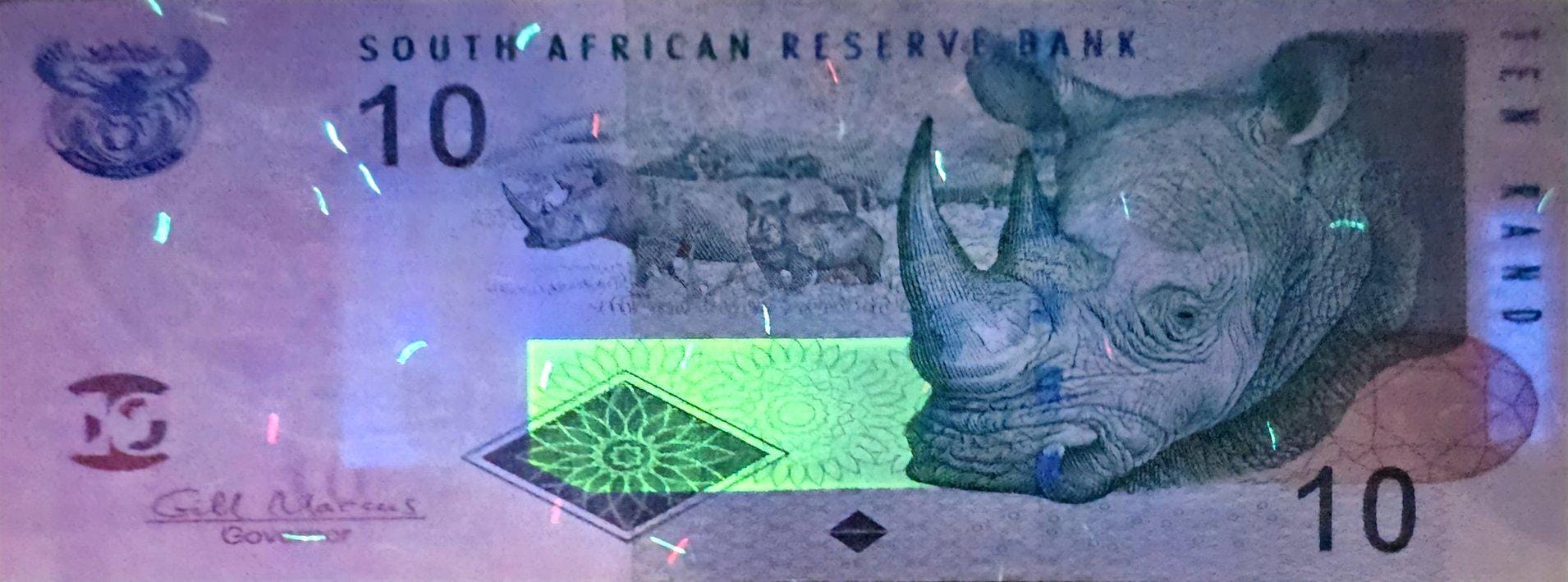 South Africa 10 Rand Banknote, P-128b, UNCIRCULATED, 2009; features a Large White Rhinoceros Head