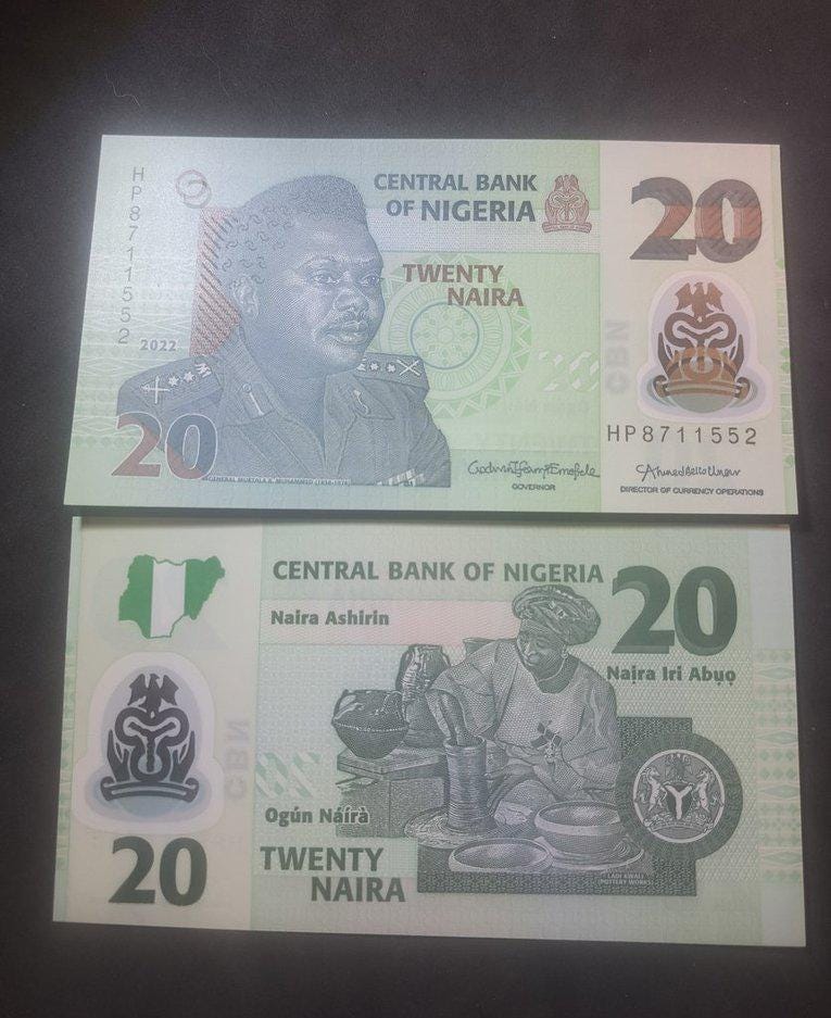 NIGERIA 20 Naira, P-34x, UNCIRCULATED from 2022; features a famous Potter