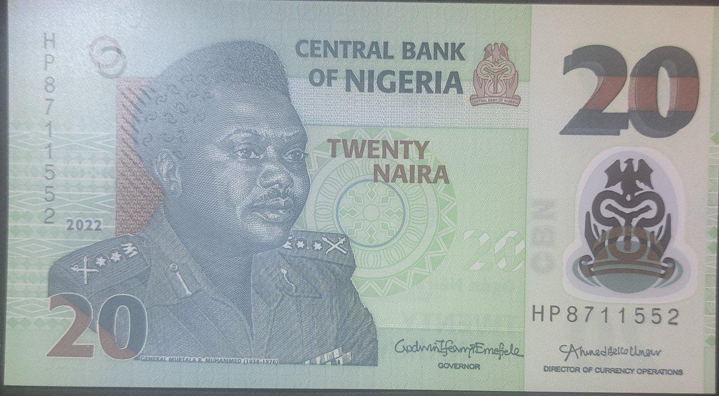NIGERIA 20 Naira, P-34x, UNCIRCULATED from 2022; features a famous Potter