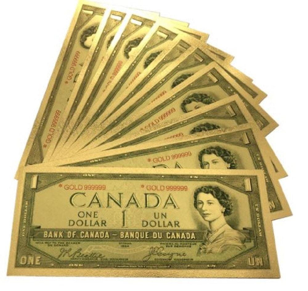 1954 Canada 1 Dollars FANTASY .9999 GOLD FOIL Note; Beautiful collector piece and design