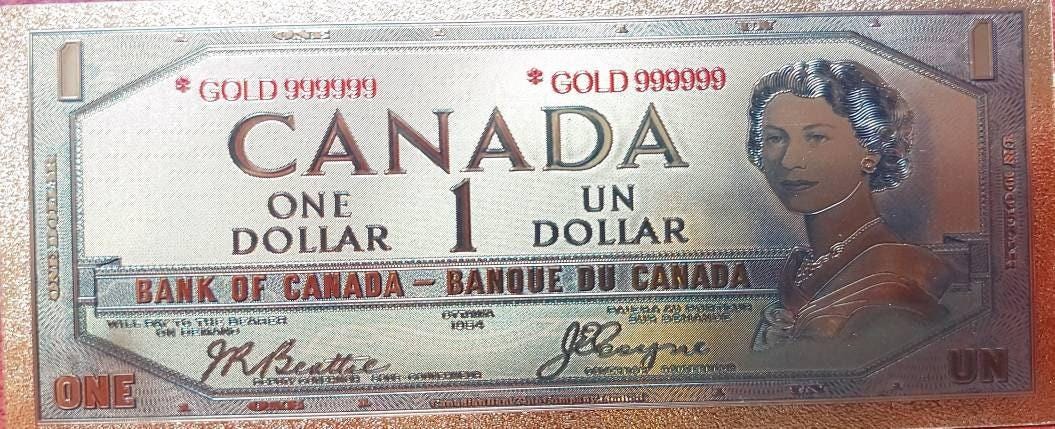 1954 Canada 1 Dollars FANTASY .9999 GOLD FOIL Note; Beautiful collector piece and design
