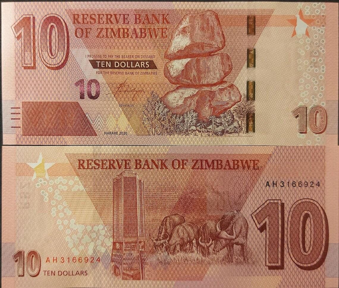 ZIMBABWE 10 Dollars; B-194 from 2020; Chiremba Balancing Rock and Cape Buffaloes