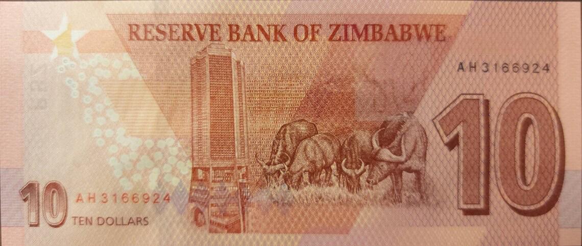 ZIMBABWE 10 Dollars; B-194 from 2020; Chiremba Balancing Rock and Cape Buffaloes