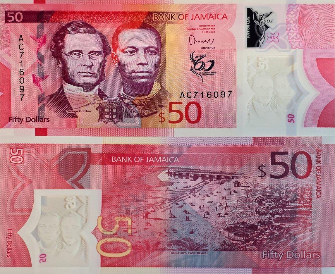 Jamaica 50  Dollars Banknote, B-251a, UNCIRCULATED from 2023; features Doctor's Cave Beach