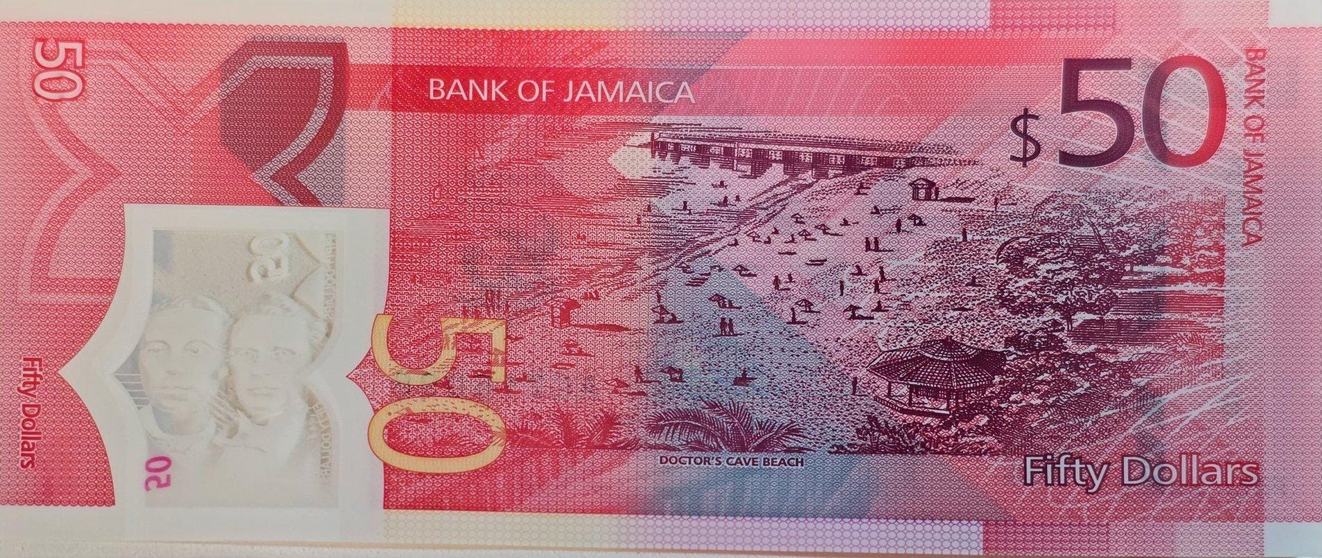 Jamaica 50  Dollars Banknote, B-251a, UNCIRCULATED from 2023; features Doctor's Cave Beach