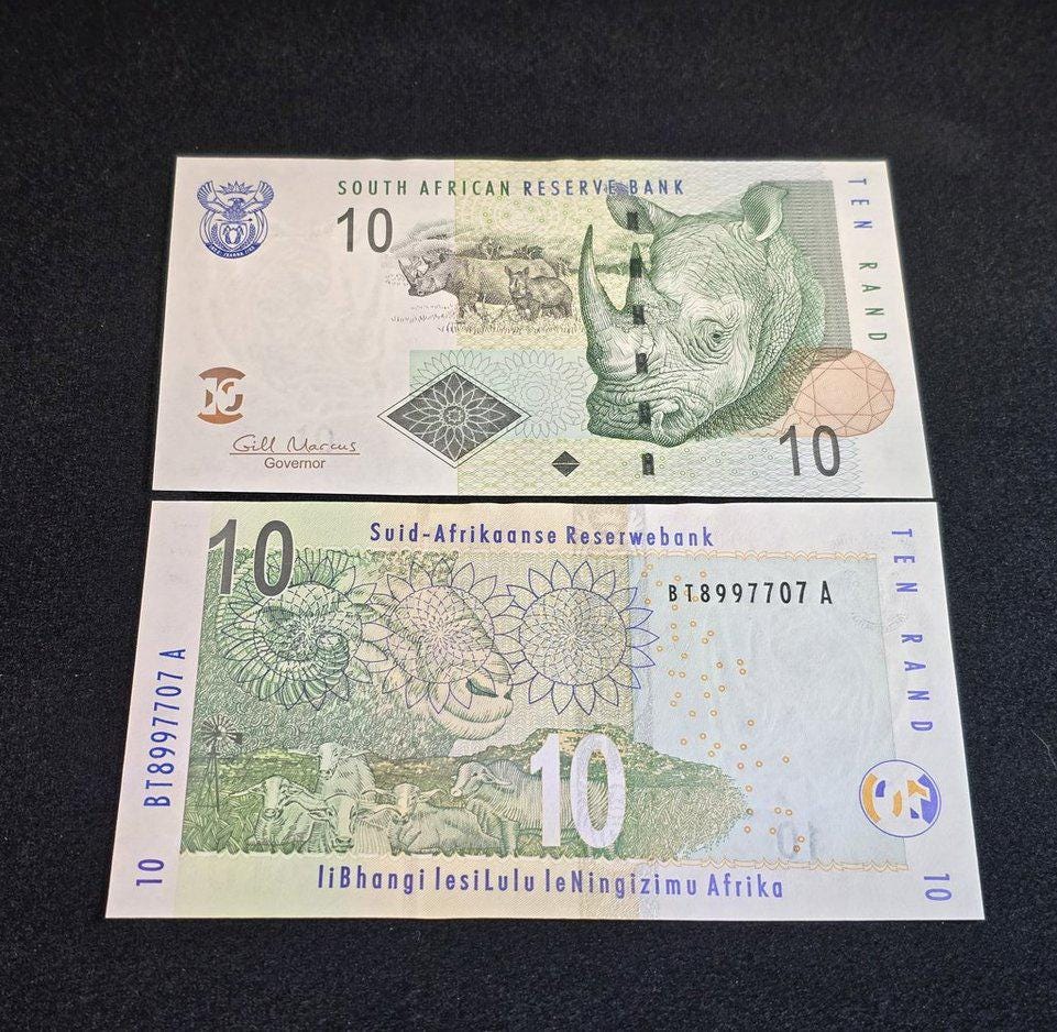 South Africa 10 Rand Banknote, P-128b, UNCIRCULATED, 2009; features a Large White Rhinoceros Head
