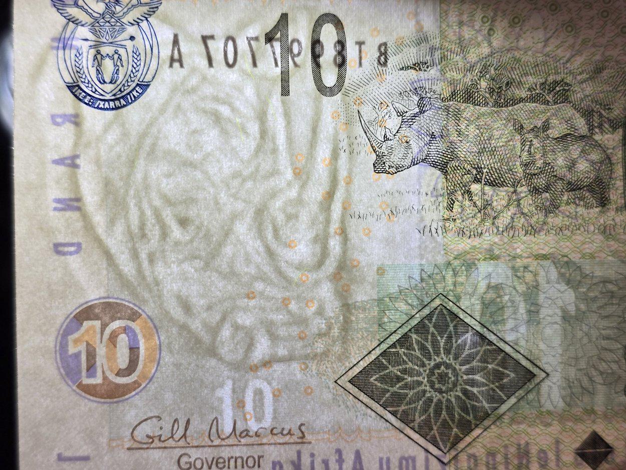 South Africa 10 Rand Banknote, P-128b, UNCIRCULATED, 2009; features a Large White Rhinoceros Head
