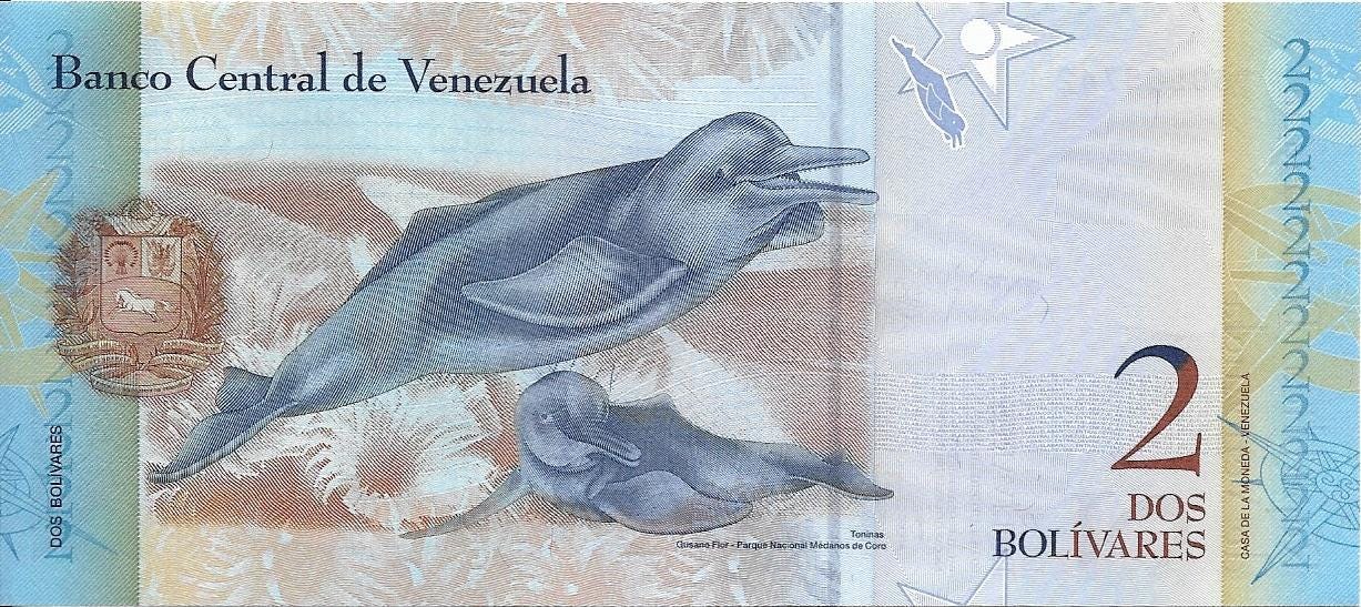 VENEZUELA 2 Bolivares, P - 88f; from 2013; UNC, Bilateral design; Porpoises