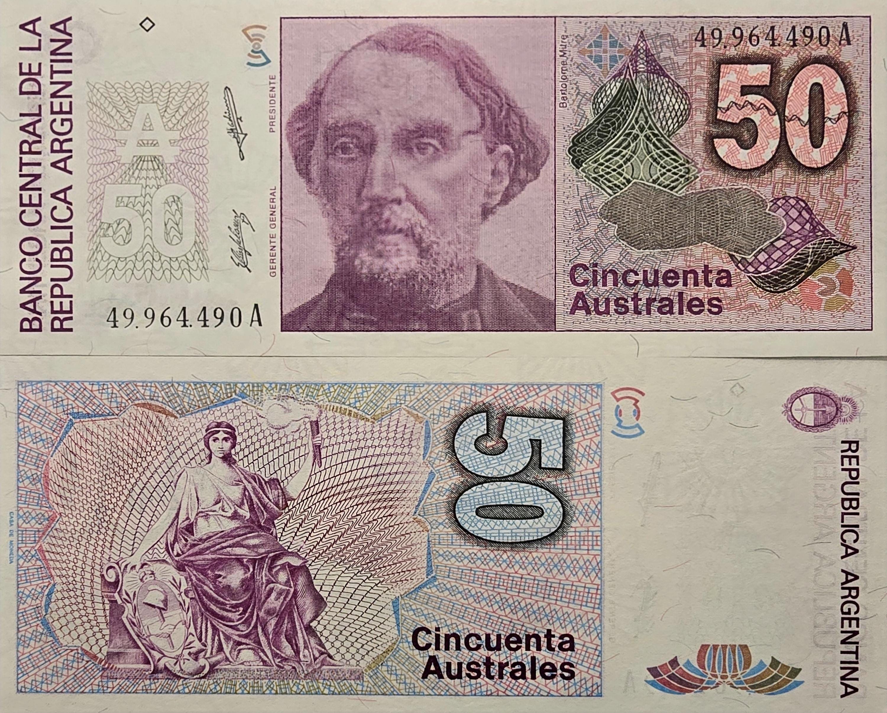 Argentina 50 Australes, P-326b; UNCIRCULATED; 1986; features B. Mitre
