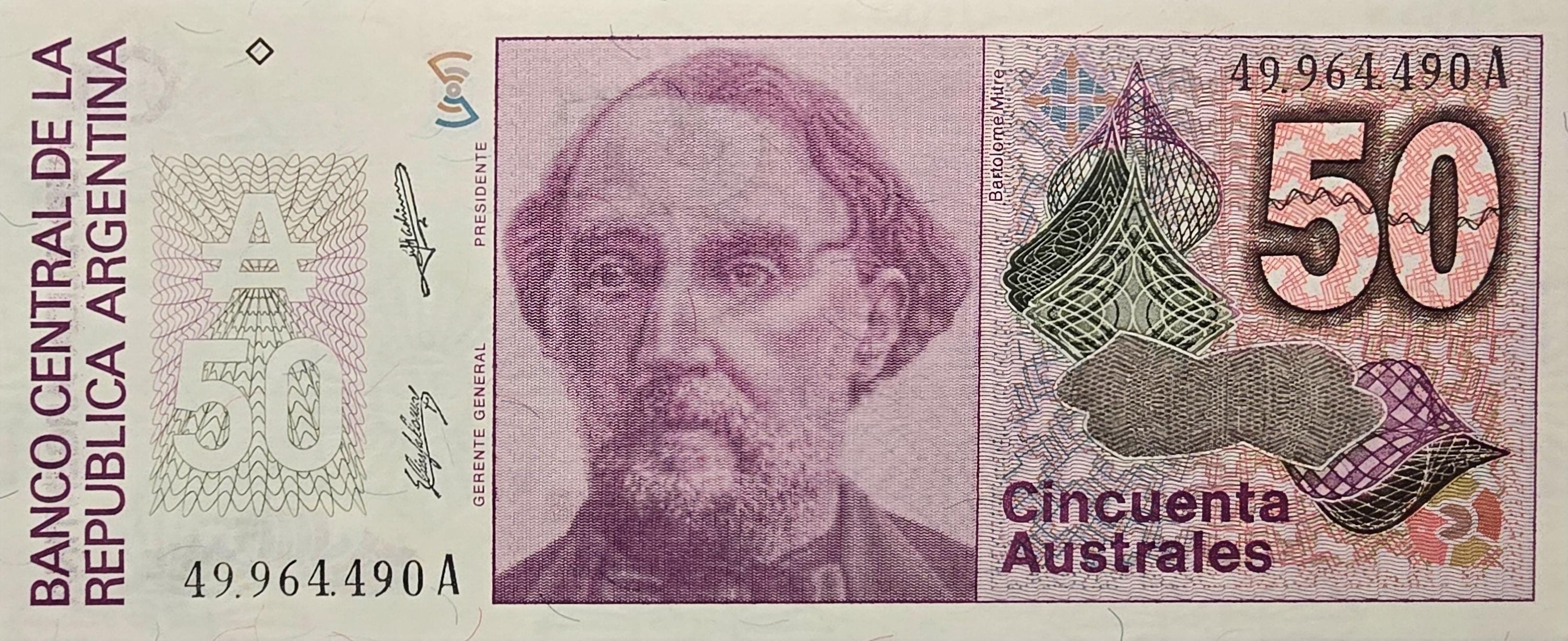 Argentina 50 Australes, P-326b; UNCIRCULATED; 1986; features B. Mitre