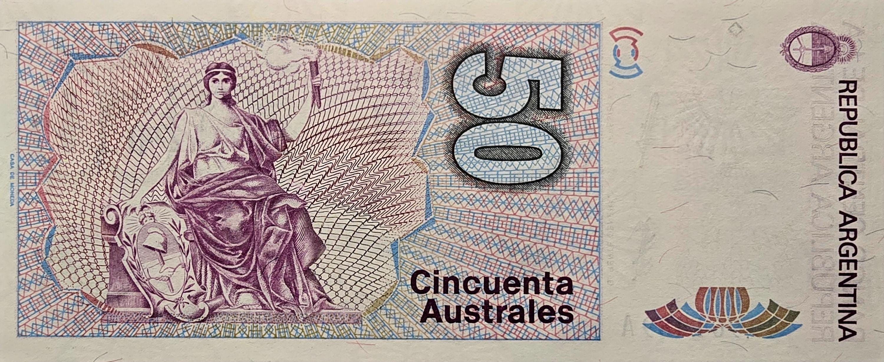Argentina 50 Australes, P-326b; UNCIRCULATED; 1986; features B. Mitre