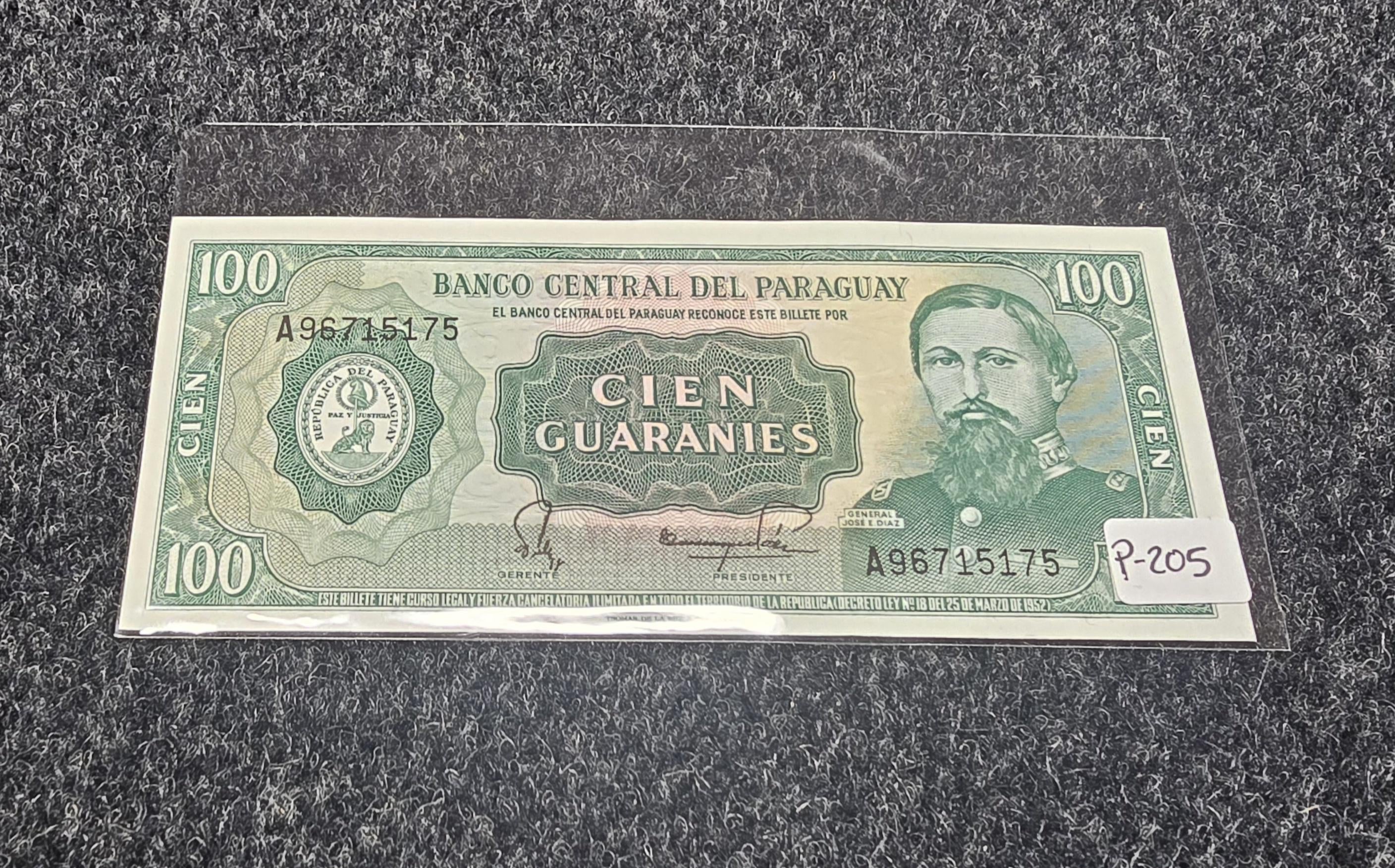 PARAGUAY 100 Guaranies Banknote; P- 205, UNCIRCULATED; From 1982 featuring the Ruins of Humaita; SIGNATURE Variety
