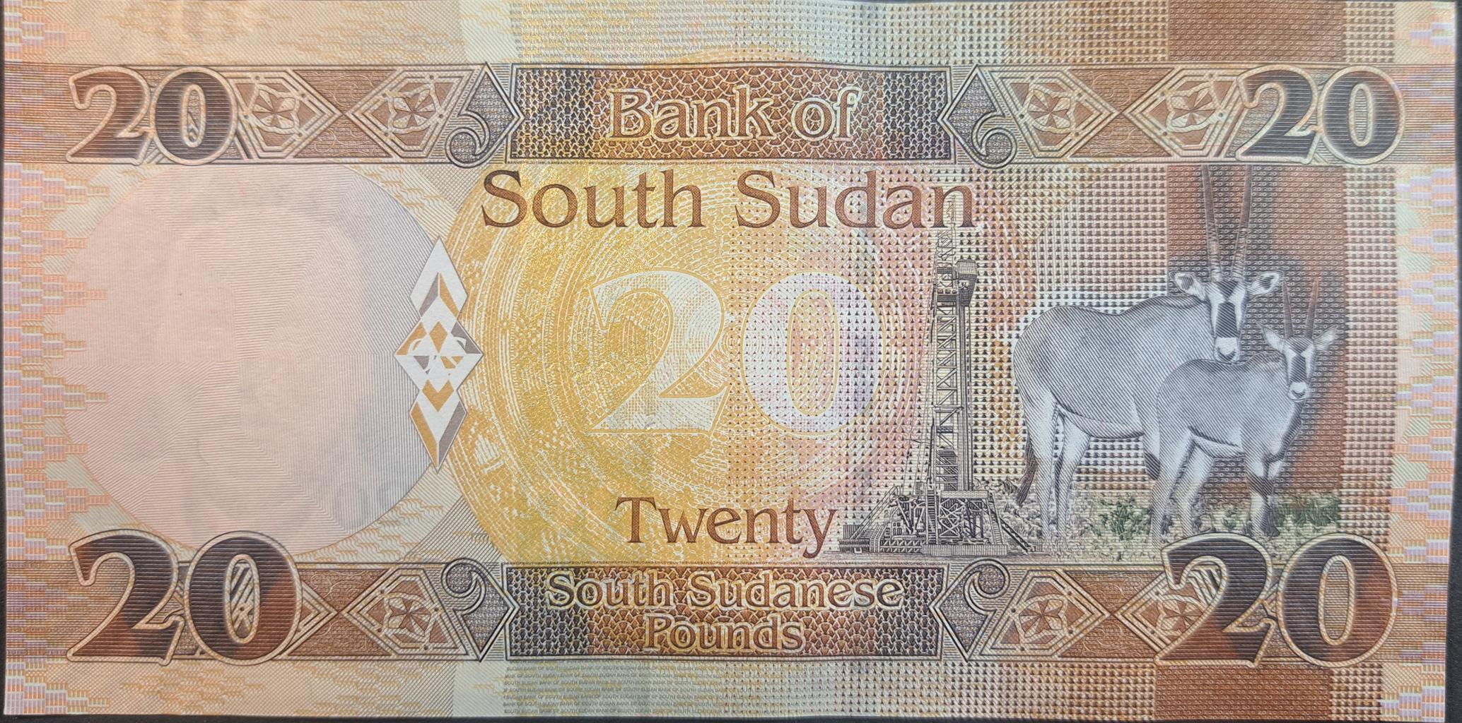 SOUTH SUDAN 20 South Sudanese Pounds; P13c, UNCIRCULATED, 2017; Antelopes